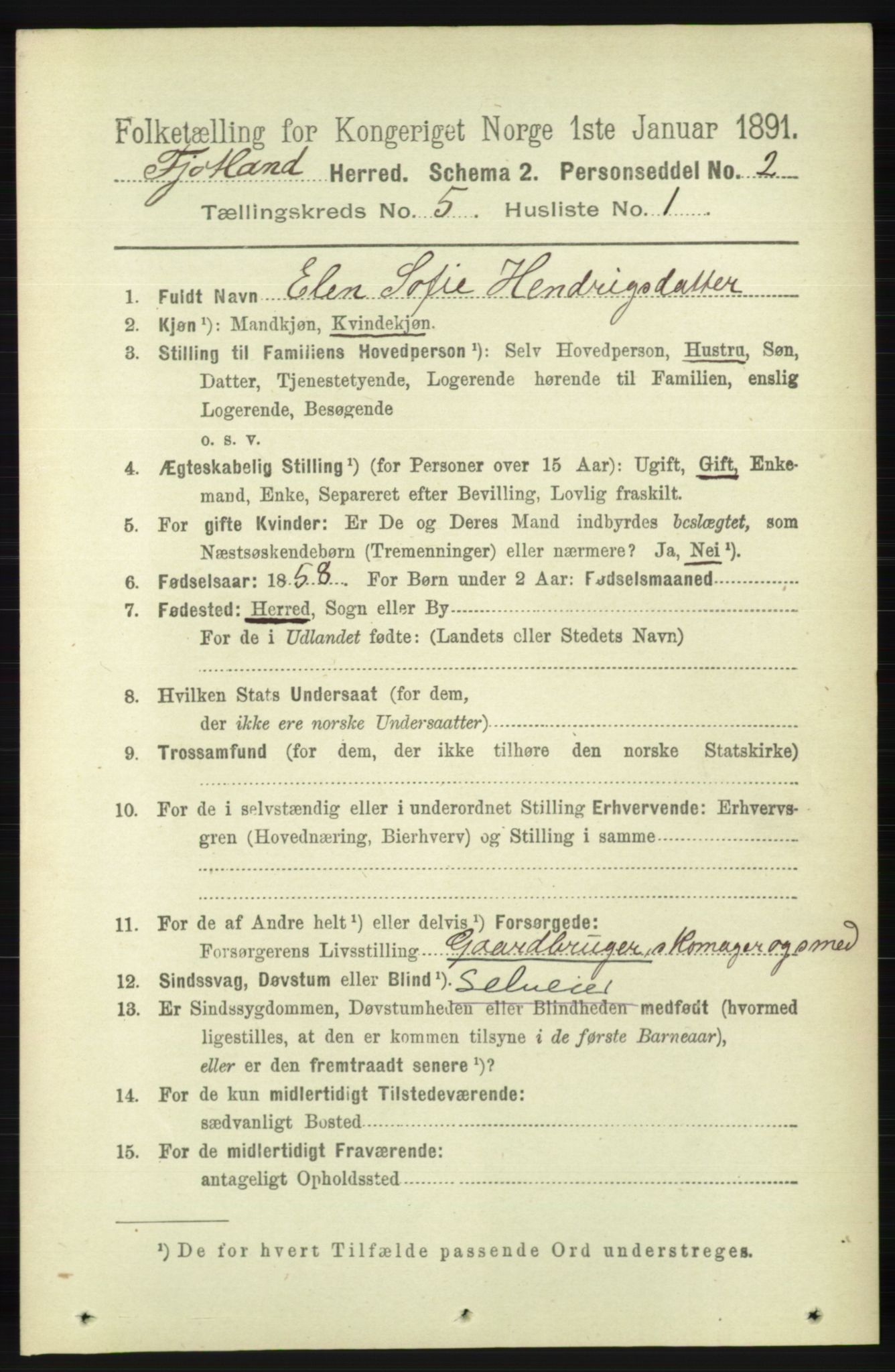 RA, 1891 census for 1036 Fjotland, 1891, p. 720