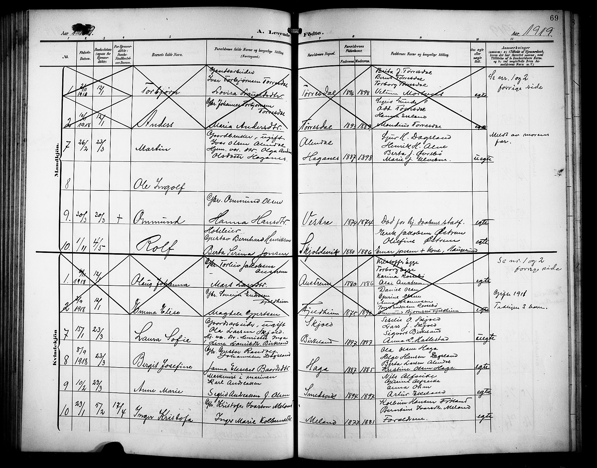 Skjold sokneprestkontor, AV/SAST-A-101847/H/Ha/Hab/L0008: Parish register (copy) no. B 8, 1906-1920, p. 69