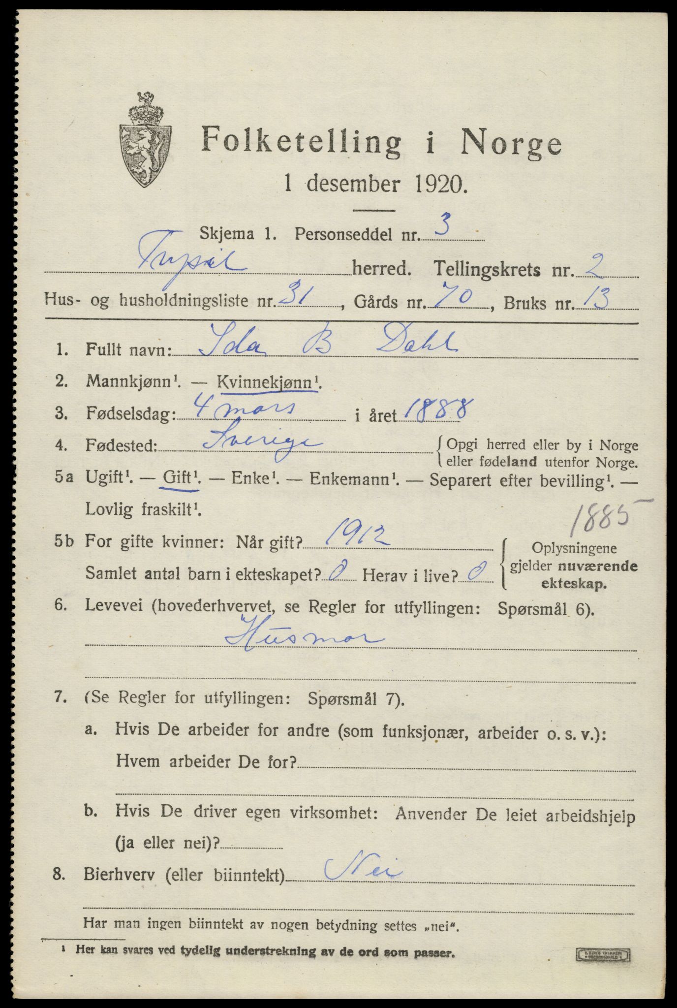 SAH, 1920 census for Trysil, 1920, p. 3465