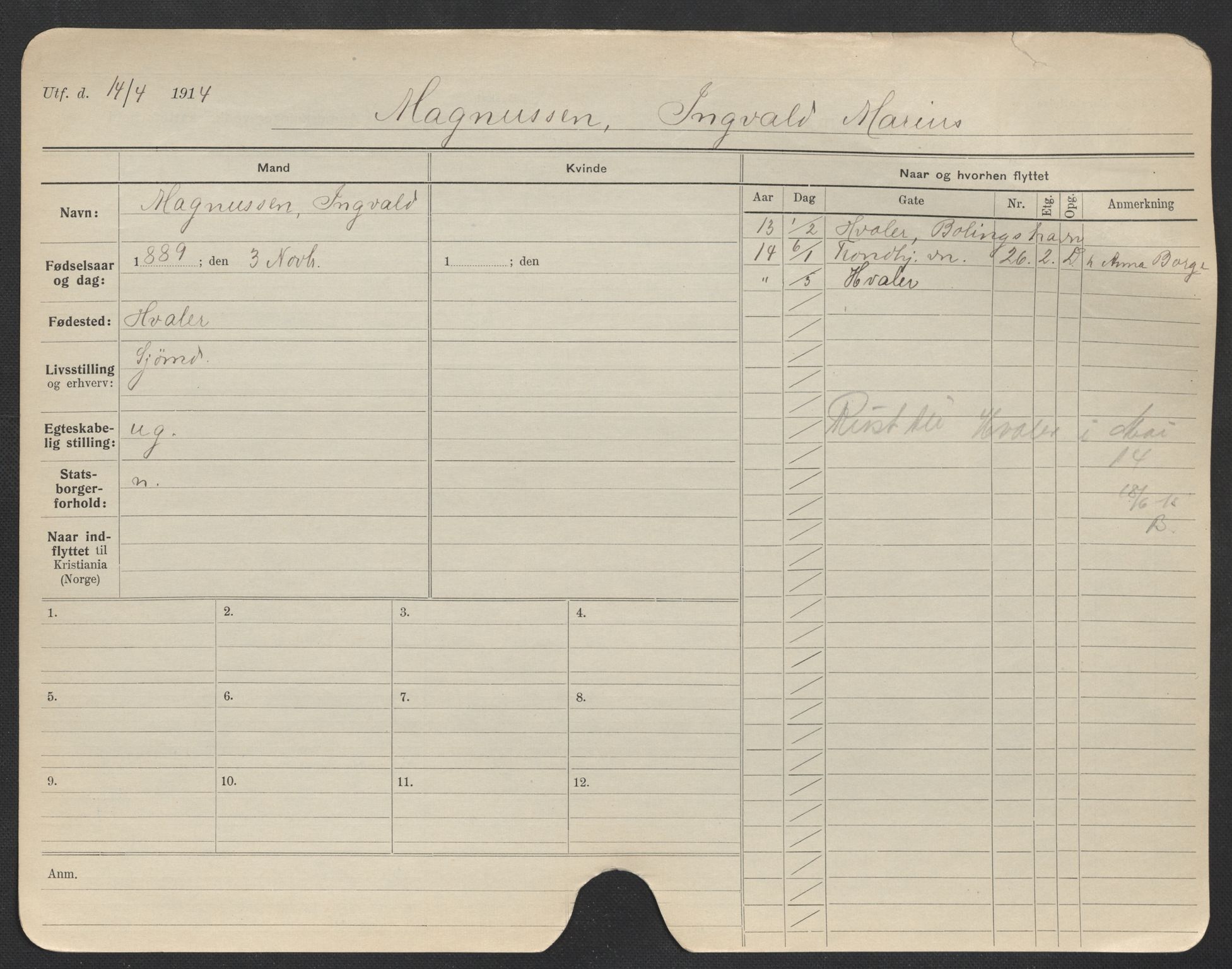 Oslo folkeregister, Registerkort, AV/SAO-A-11715/F/Fa/Fac/L0007: Menn, 1906-1914, p. 475a