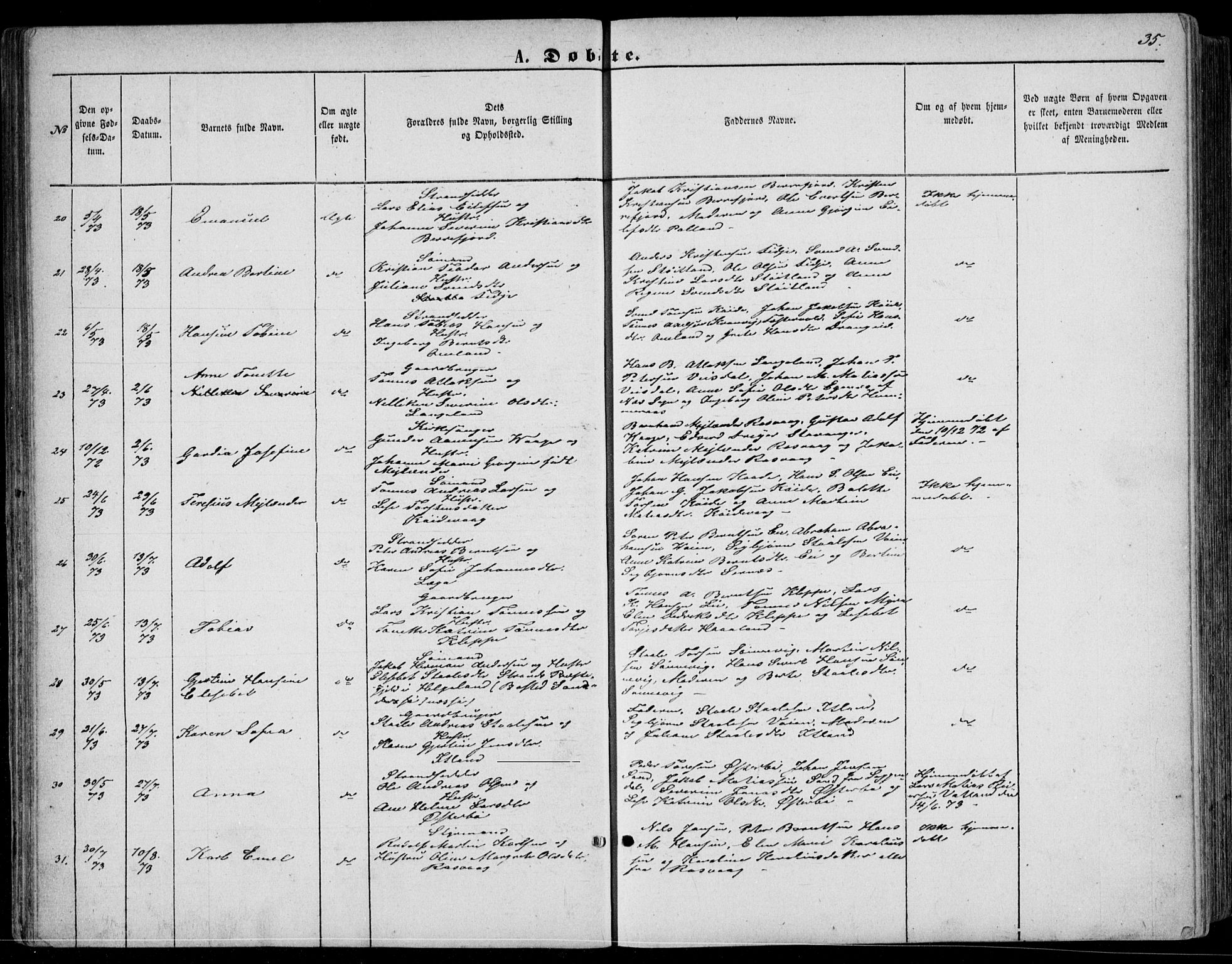 Flekkefjord sokneprestkontor, AV/SAK-1111-0012/F/Fb/Fbb/L0003: Parish register (copy) no. B 3, 1867-1889, p. 35