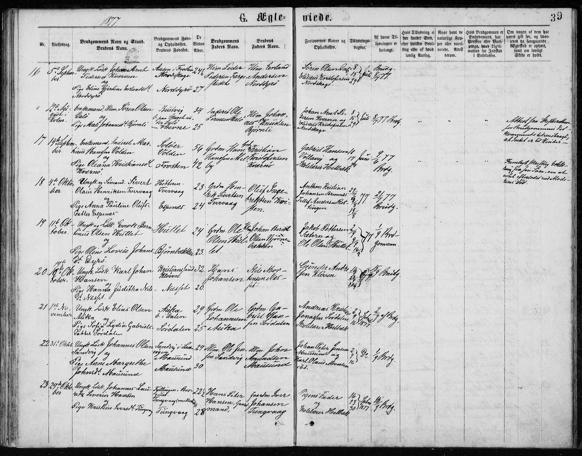 Ministerialprotokoller, klokkerbøker og fødselsregistre - Sør-Trøndelag, SAT/A-1456/640/L0577: Parish register (official) no. 640A02, 1877-1878, p. 39