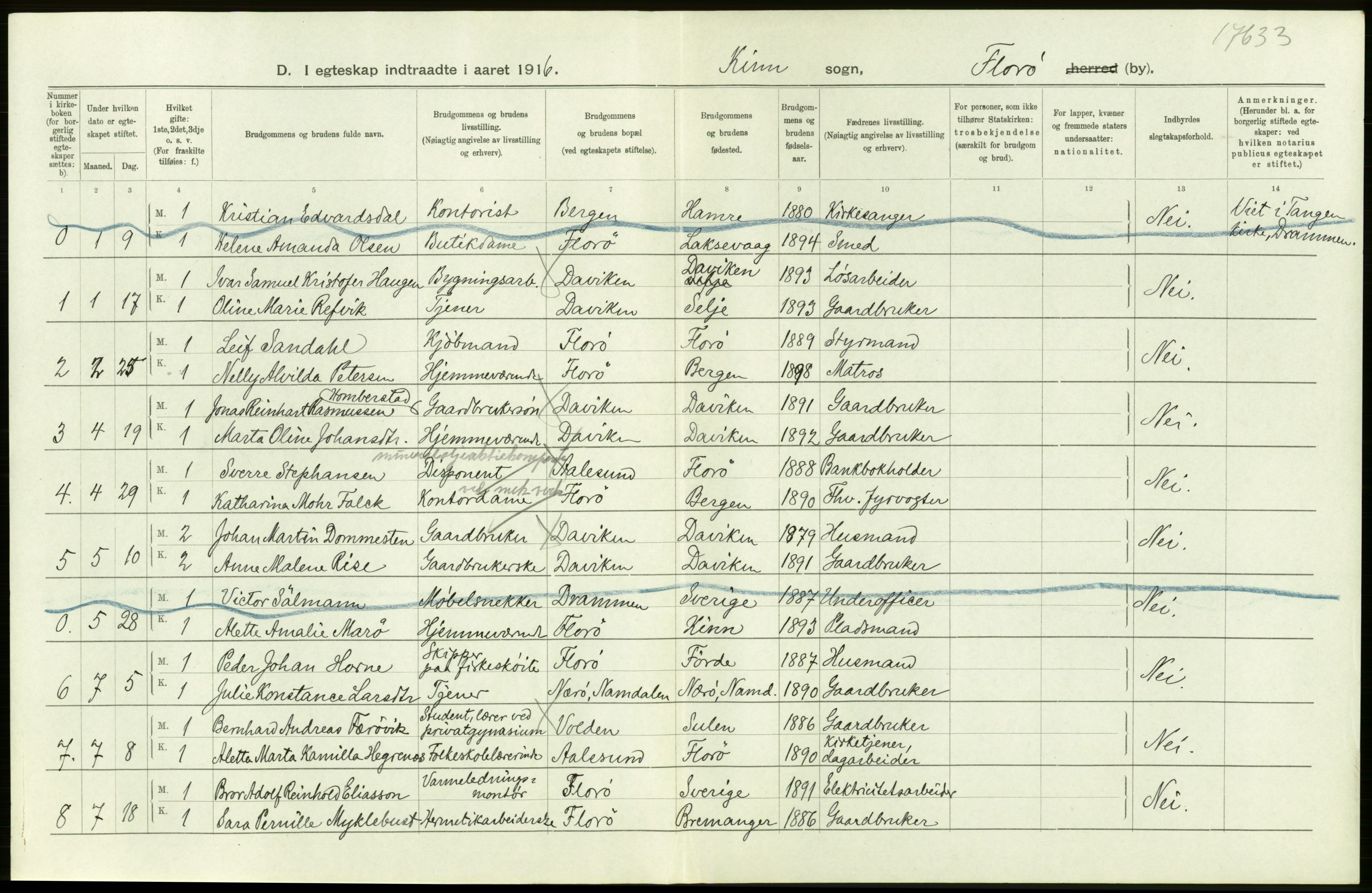 Statistisk sentralbyrå, Sosiodemografiske emner, Befolkning, AV/RA-S-2228/D/Df/Dfb/Dfbf/L0041: Florø by: Levendefødte menn og kvinner, gifte, døde, dødfødte.  Bygder og byer., 1916, p. 6