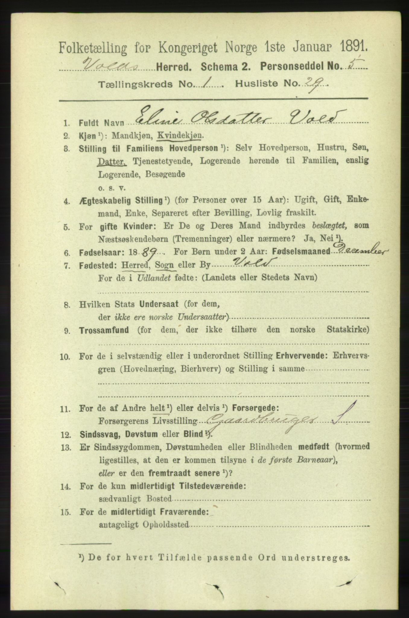 RA, 1891 census for 1537 Voll, 1891, p. 257