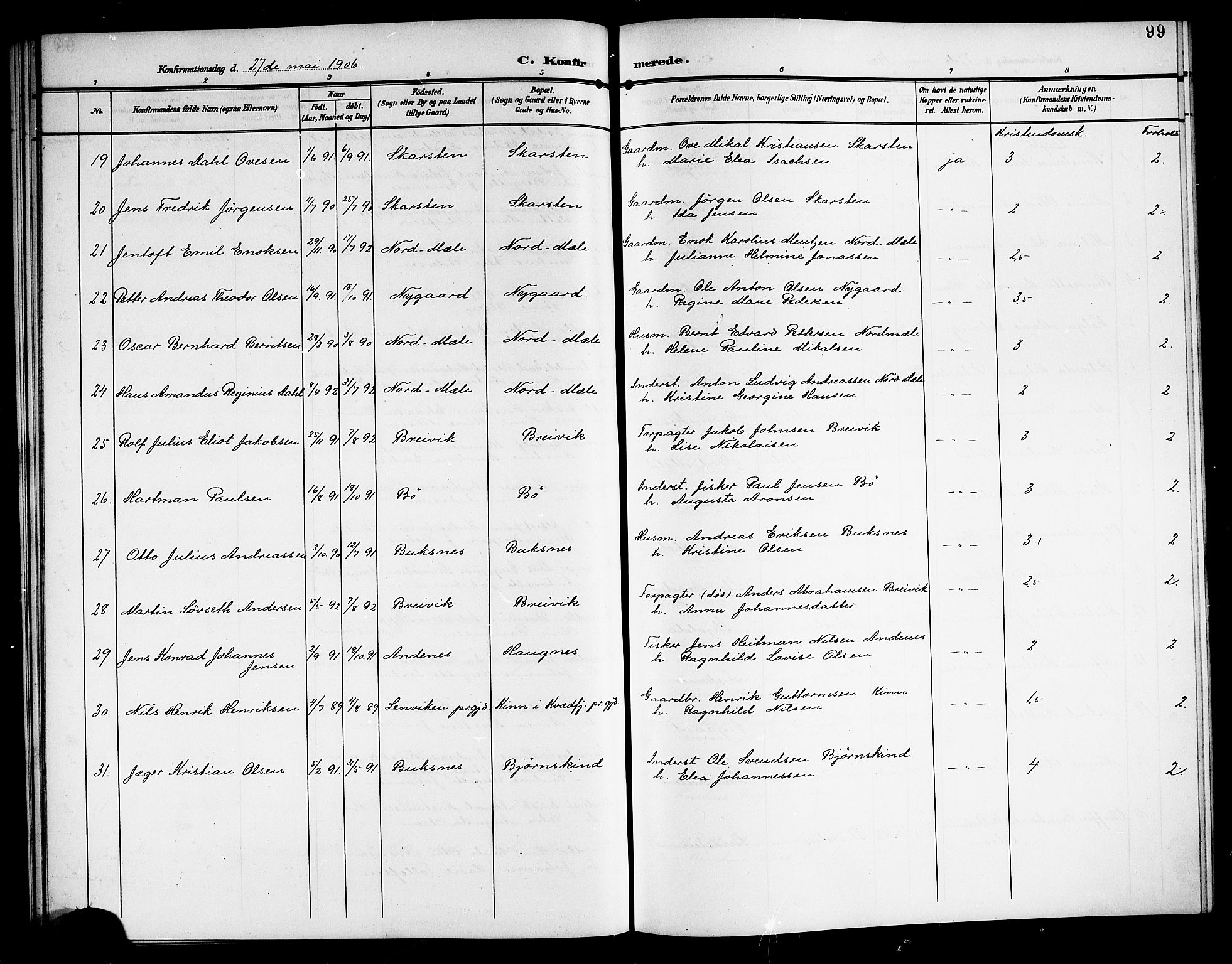 Ministerialprotokoller, klokkerbøker og fødselsregistre - Nordland, AV/SAT-A-1459/897/L1414: Parish register (copy) no. 897C04, 1904-1915, p. 99