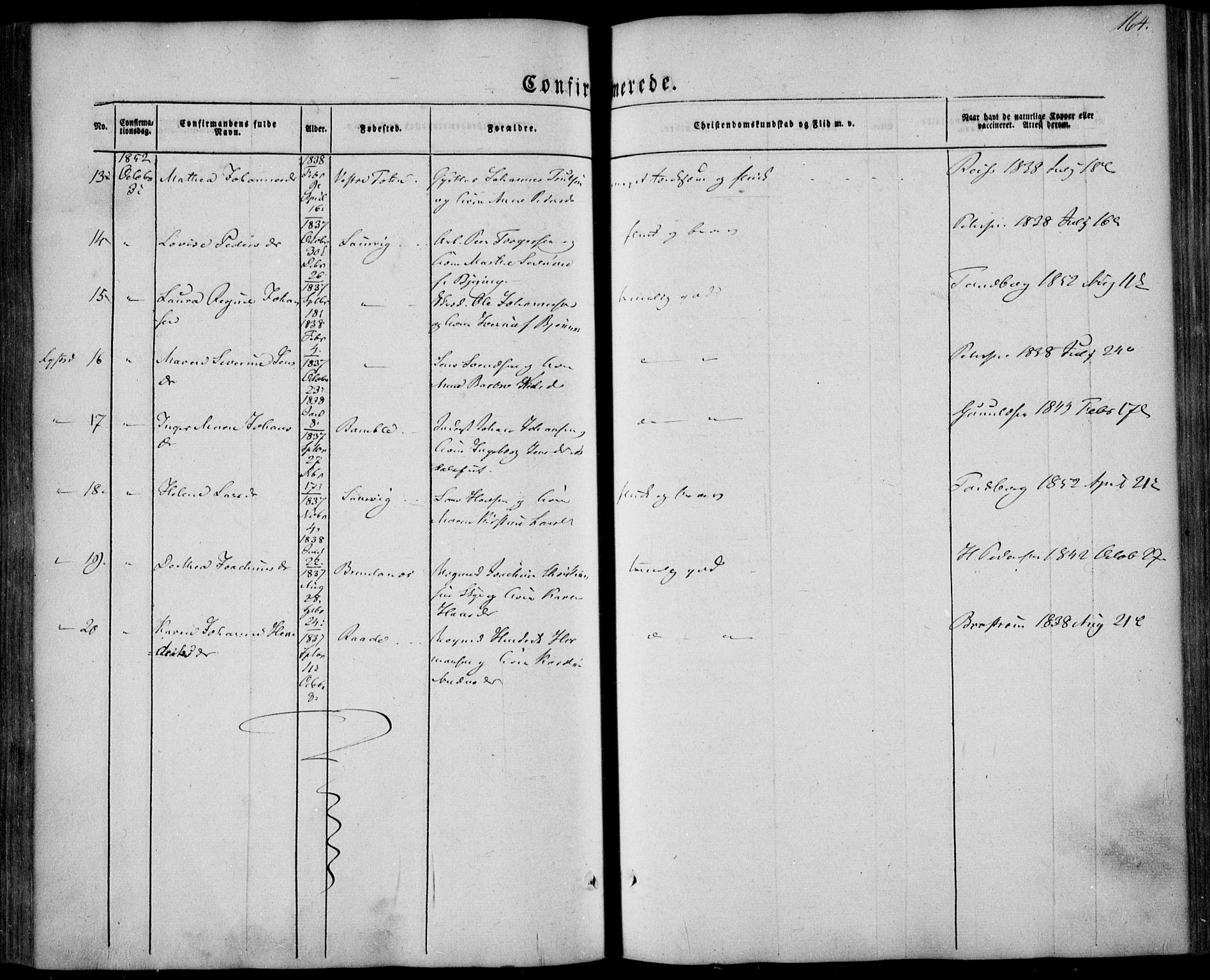 Larvik kirkebøker, AV/SAKO-A-352/F/Fa/L0003: Parish register (official) no. I 3, 1848-1856, p. 164