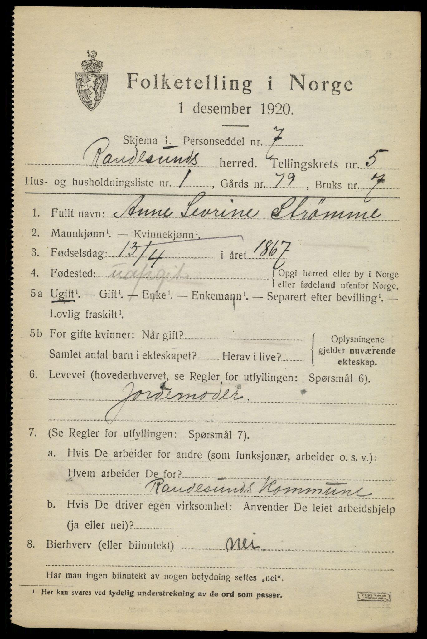 SAK, 1920 census for Randesund, 1920, p. 2324