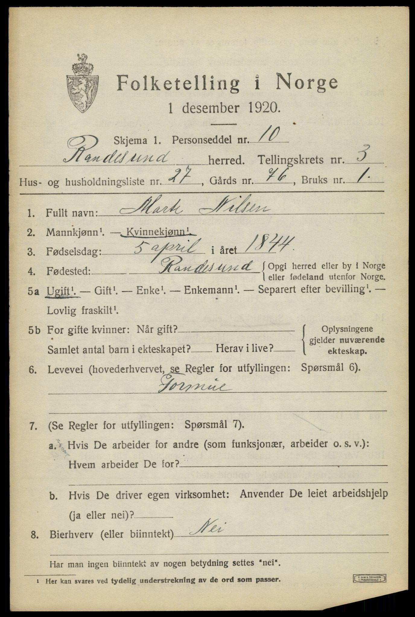 SAK, 1920 census for Randesund, 1920, p. 1776