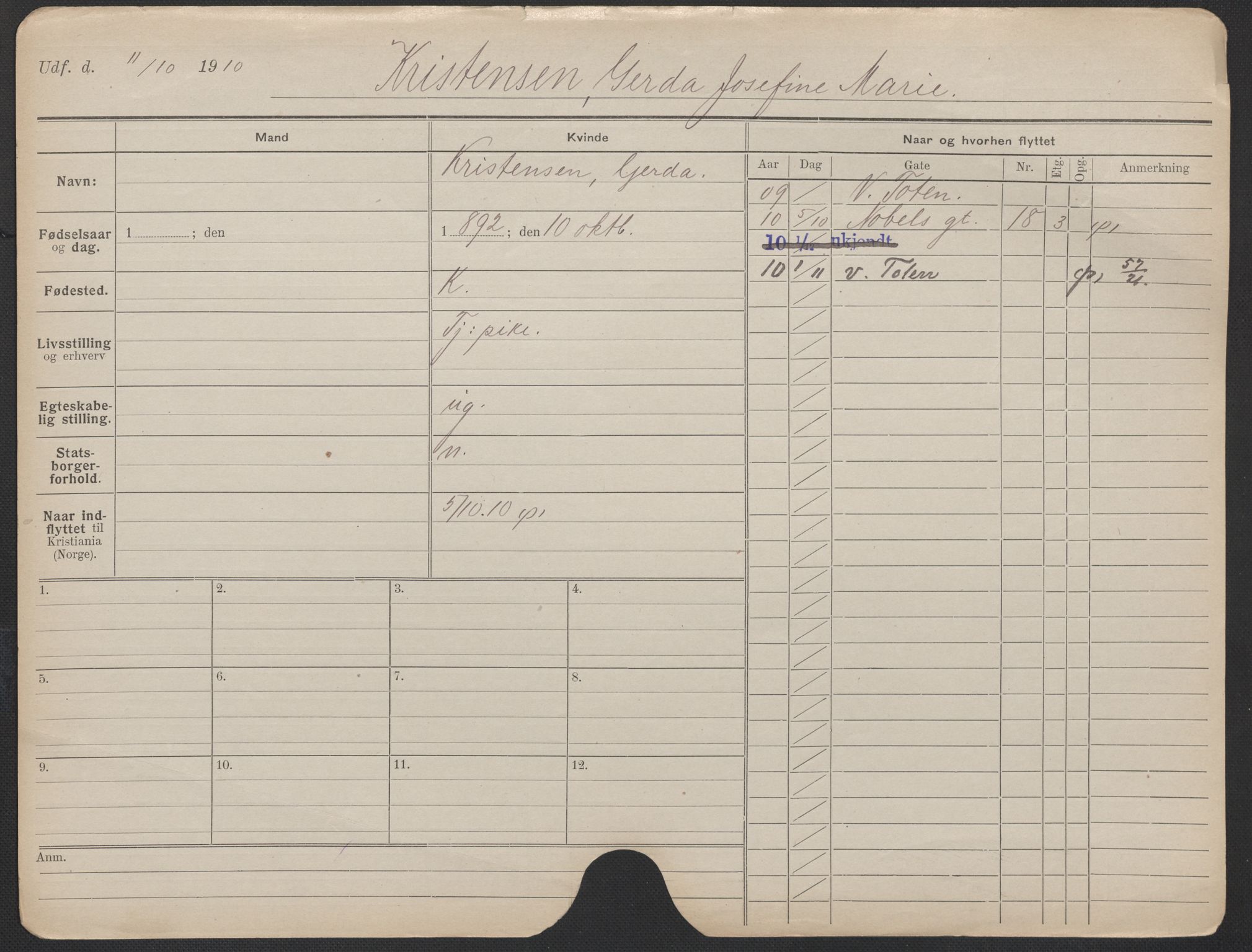 Oslo folkeregister, Registerkort, AV/SAO-A-11715/F/Fa/Fac/L0019: Kvinner, 1906-1914, p. 131a