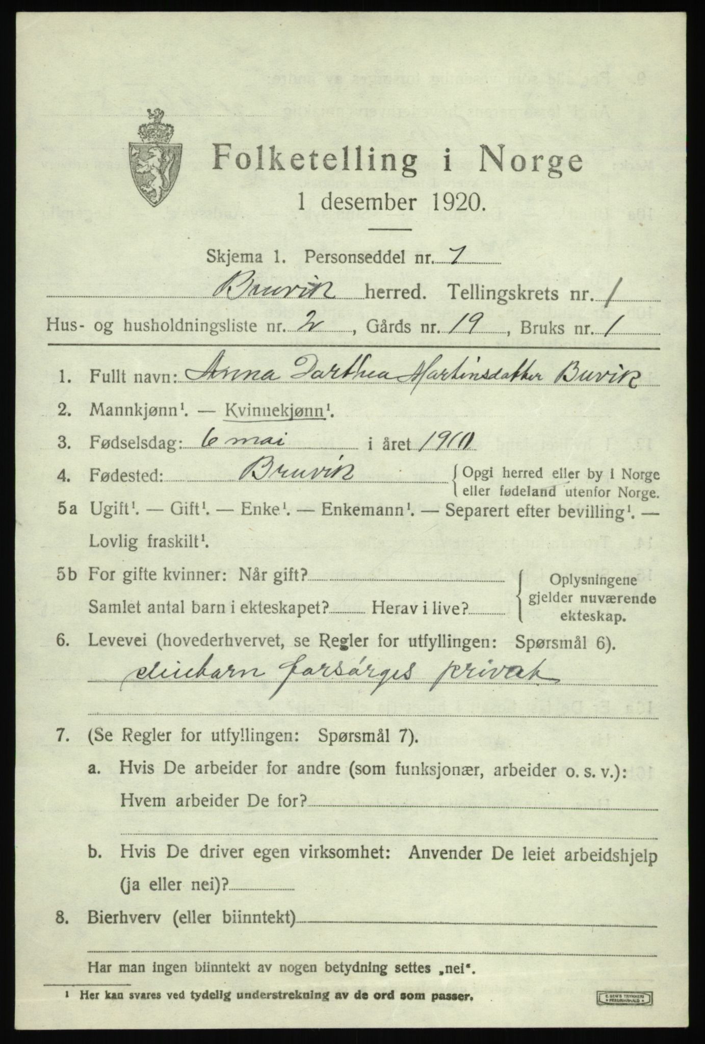 SAB, 1920 census for Bruvik, 1920, p. 1118