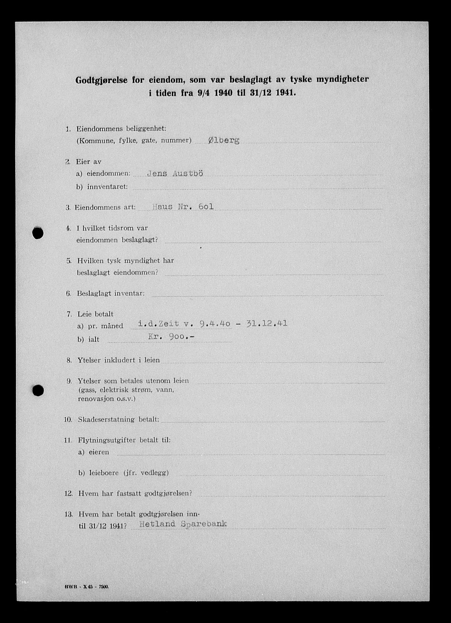 Justisdepartementet, Tilbakeføringskontoret for inndratte formuer, AV/RA-S-1564/I/L1014: Godtgjørelse for beslaglagt eiendom, 1940-1941, p. 172