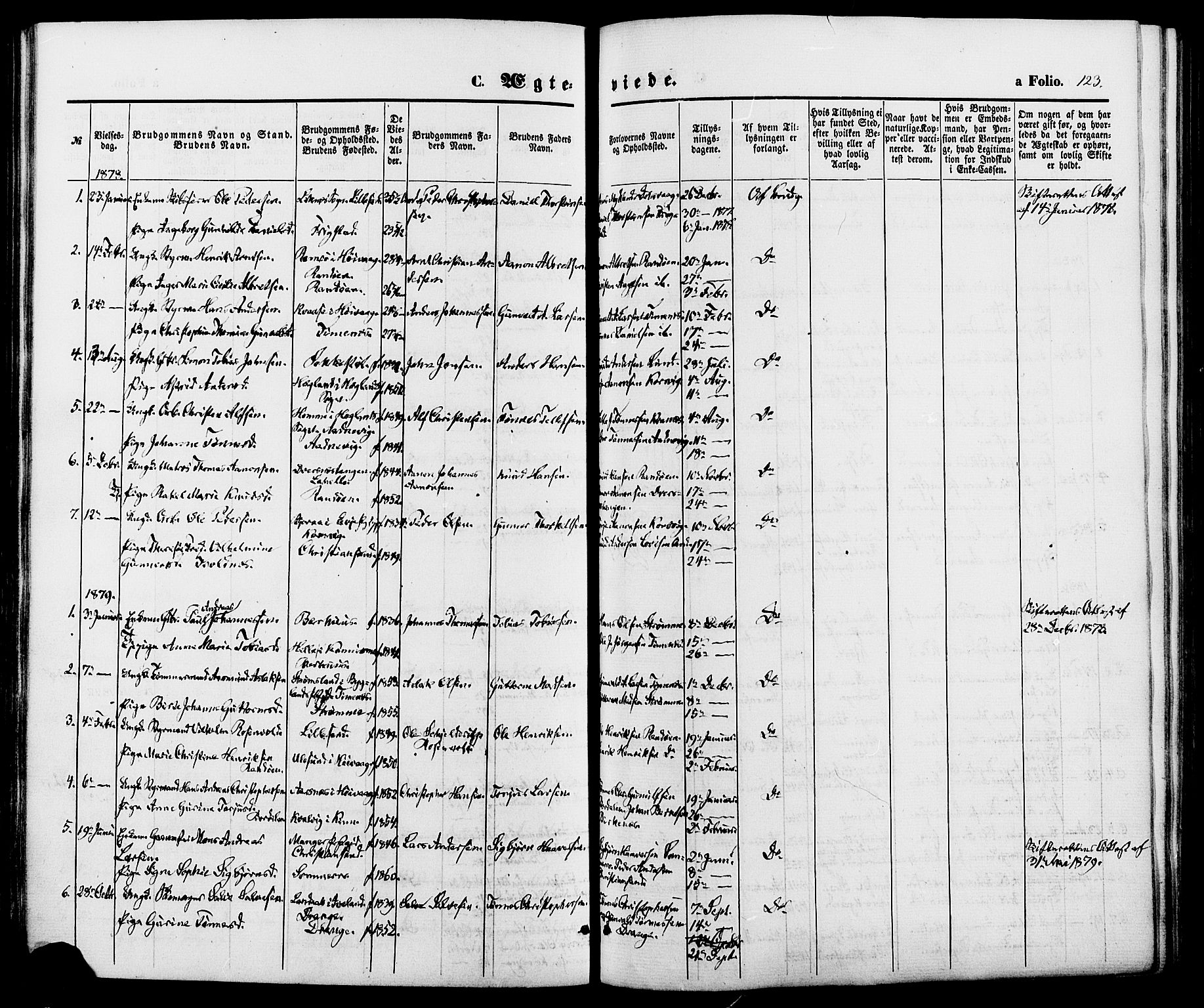 Oddernes sokneprestkontor, SAK/1111-0033/F/Fa/Fab/L0001: Parish register (official) no. A 1, 1865-1884, p. 123