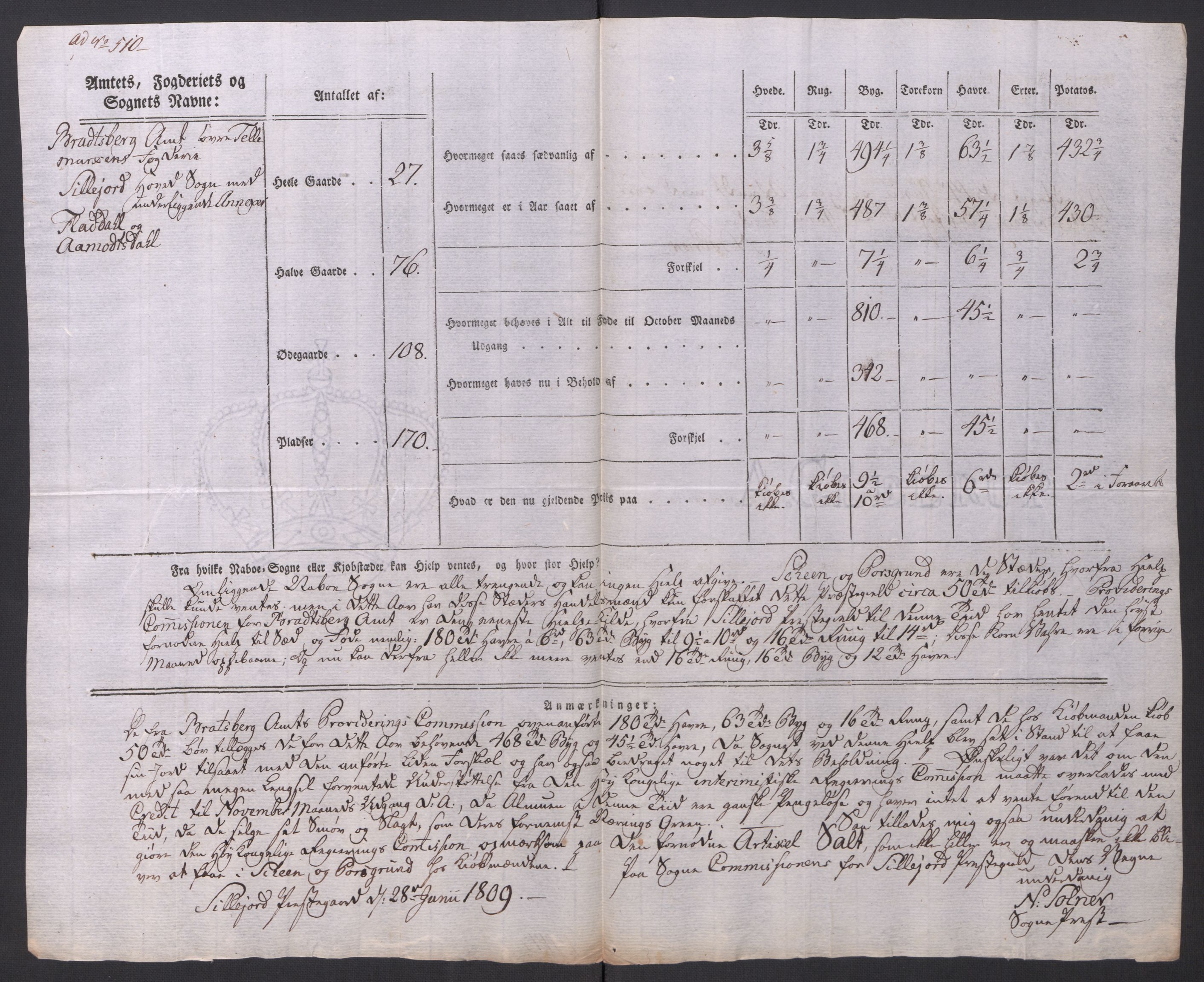 Regjeringskommisjonen 1807-1810, 1. kontor/byrå, AV/RA-EA-2871/Dd/L0014: Kornavl: De utfyldte skjemaer fra sognekommisjonene i Kristiania og Kristiansand stift, 1809, p. 303