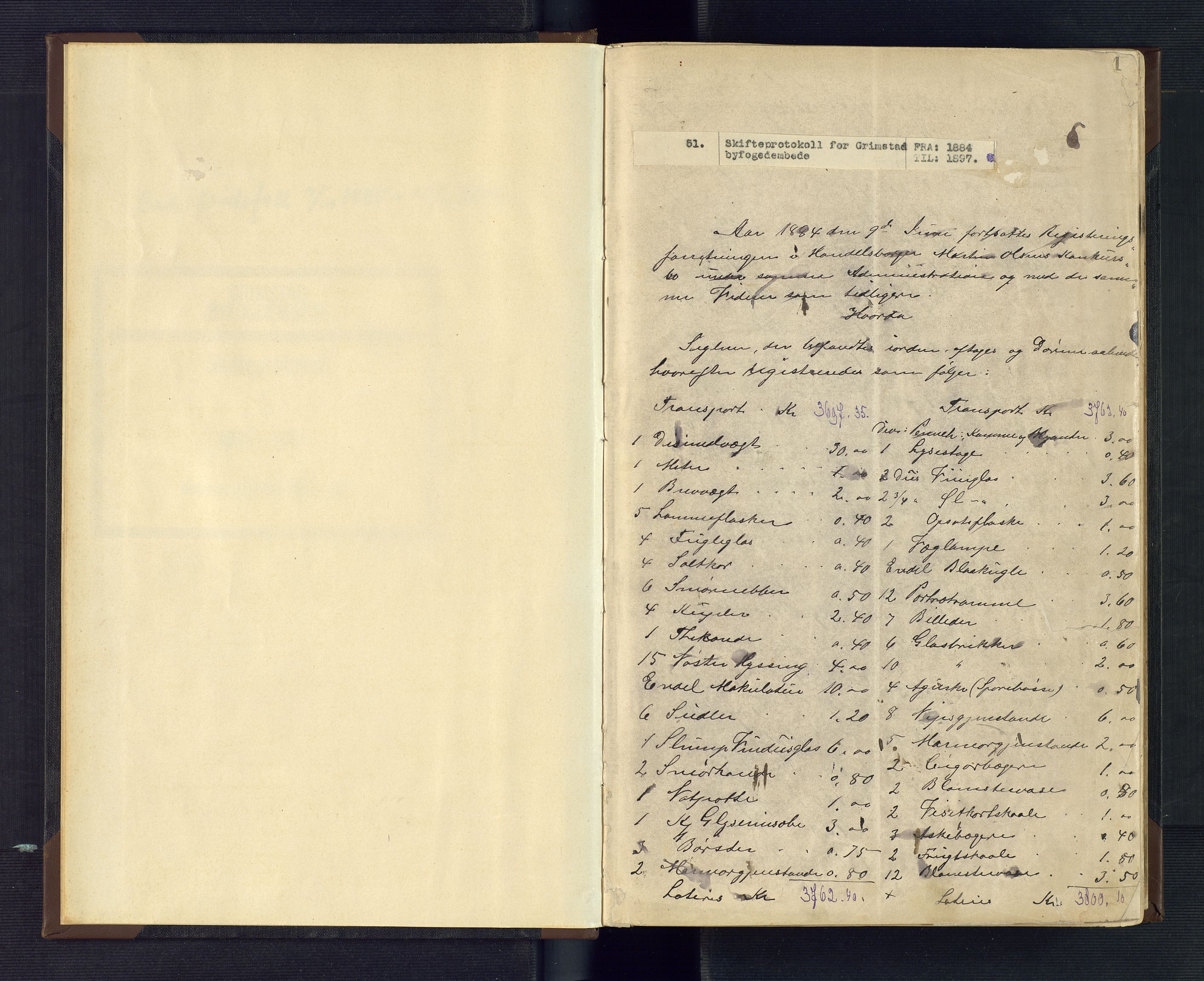 Grimstad byfogd, AV/SAK-1222-0003/H/Hc/L0005: Skifteprotokoll nr. 5, 1884-1897, p. 1