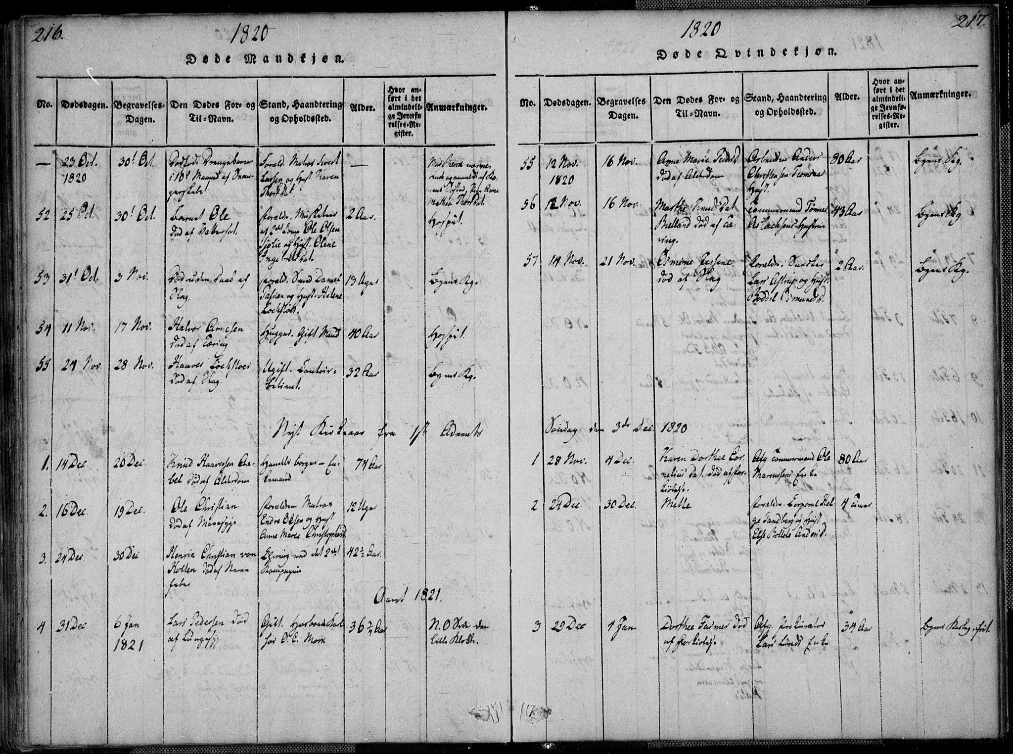 Kristiansand domprosti, SAK/1112-0006/F/Fa/L0008: Parish register (official) no. A 8, 1818-1821, p. 216-217