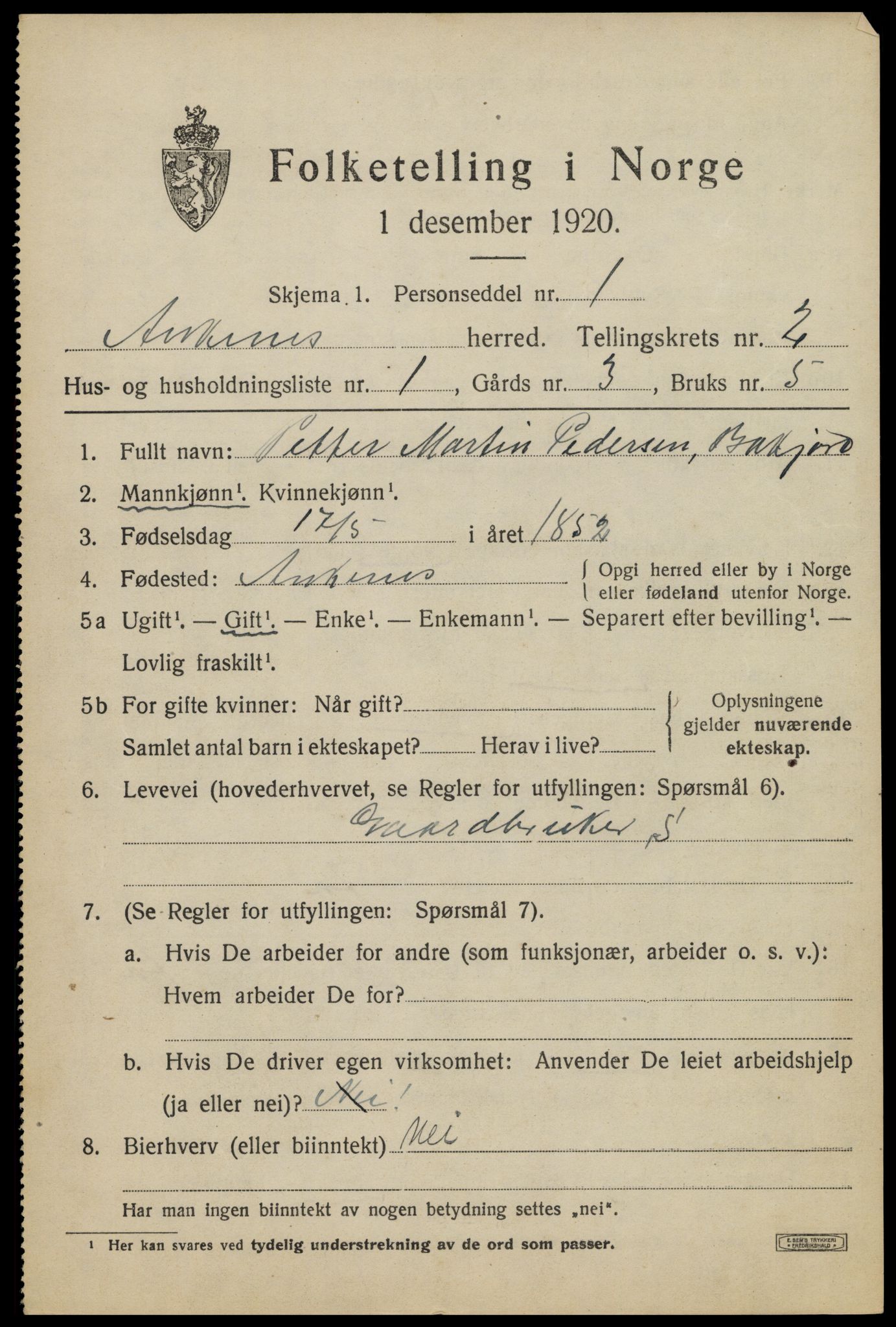 SAT, 1920 census for Ankenes, 1920, p. 1405