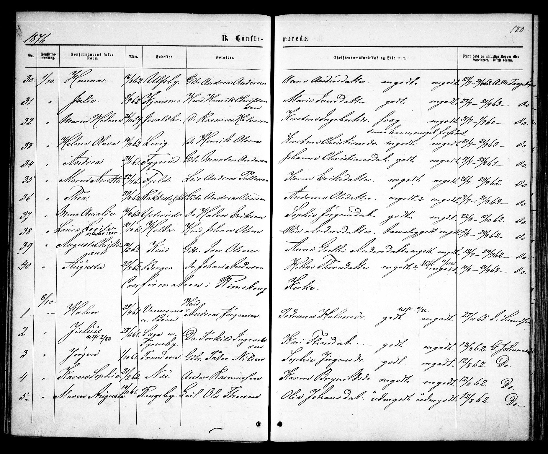 Rødenes prestekontor Kirkebøker, AV/SAO-A-2005/F/Fa/L0008: Parish register (official) no. I 8, 1869-1879, p. 180