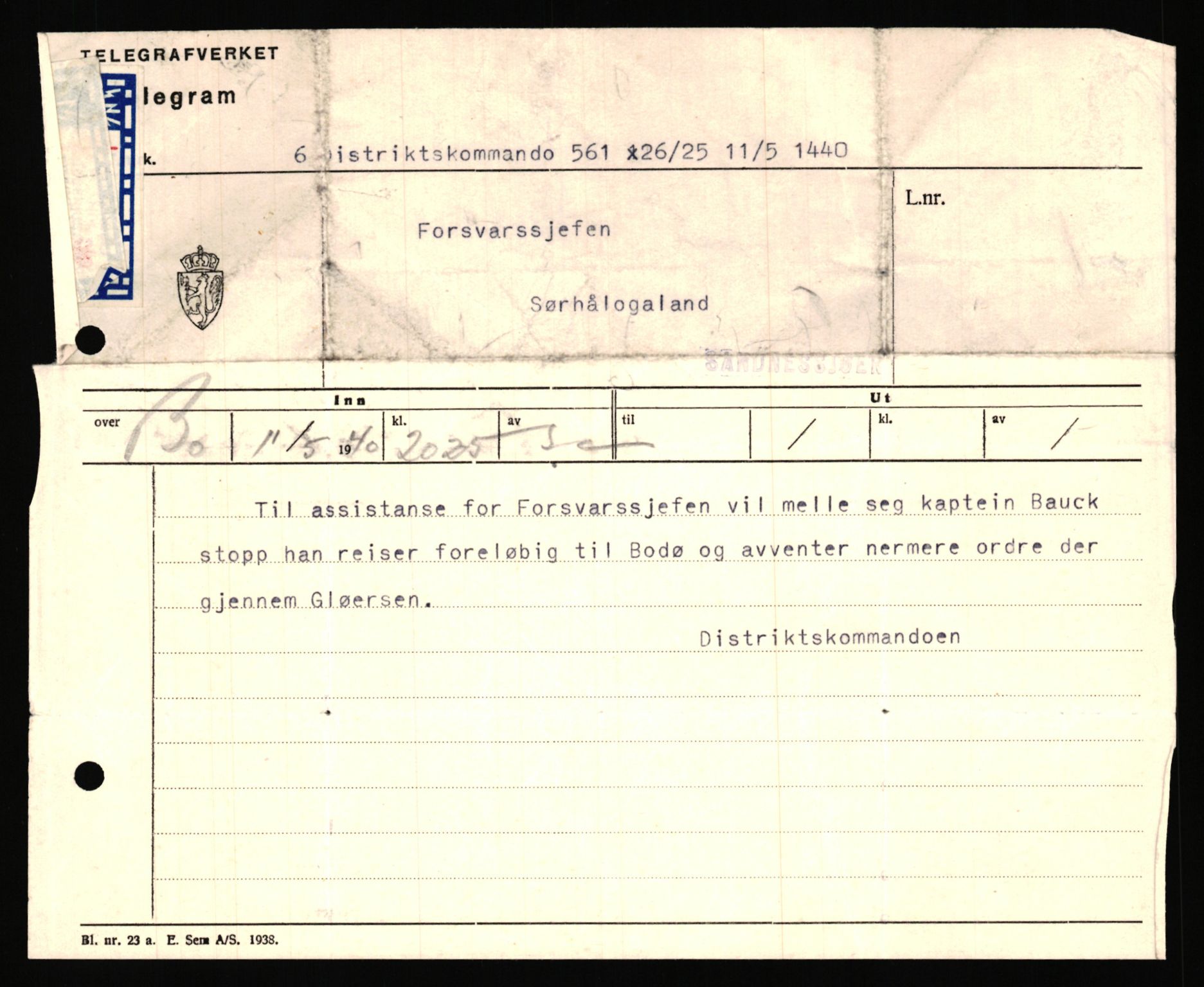 Forsvaret, Forsvarets krigshistoriske avdeling, AV/RA-RAFA-2017/Y/Ya/L0031: II-C-11-51 - Hærens overkommando, 1940, p. 561