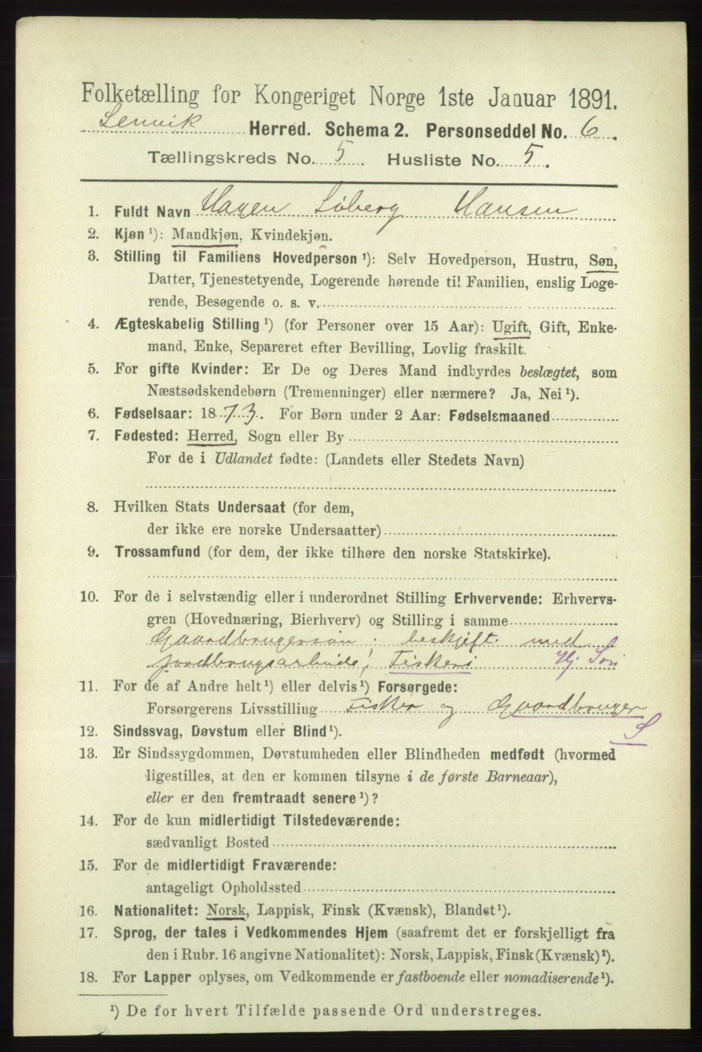 RA, 1891 census for 1931 Lenvik, 1891, p. 2574