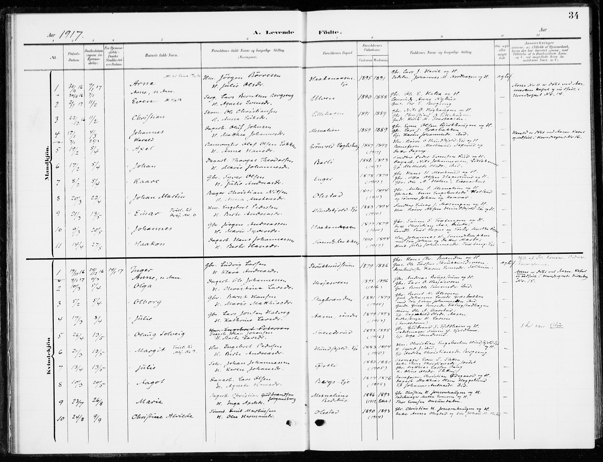 Ringsaker prestekontor, AV/SAH-PREST-014/K/Ka/L0021: Parish register (official) no. 21, 1905-1920, p. 34