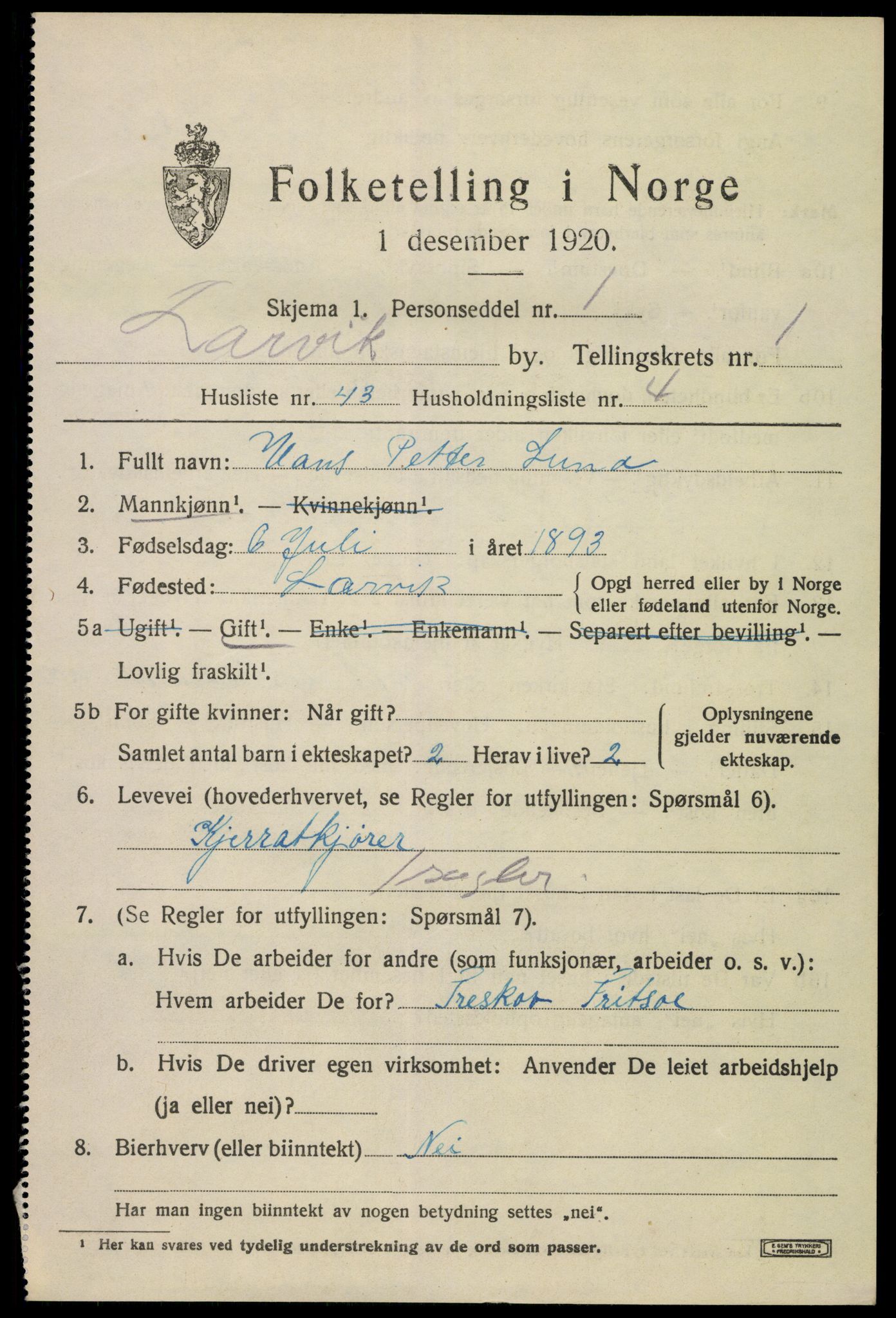 SAKO, 1920 census for Larvik, 1920, p. 9294