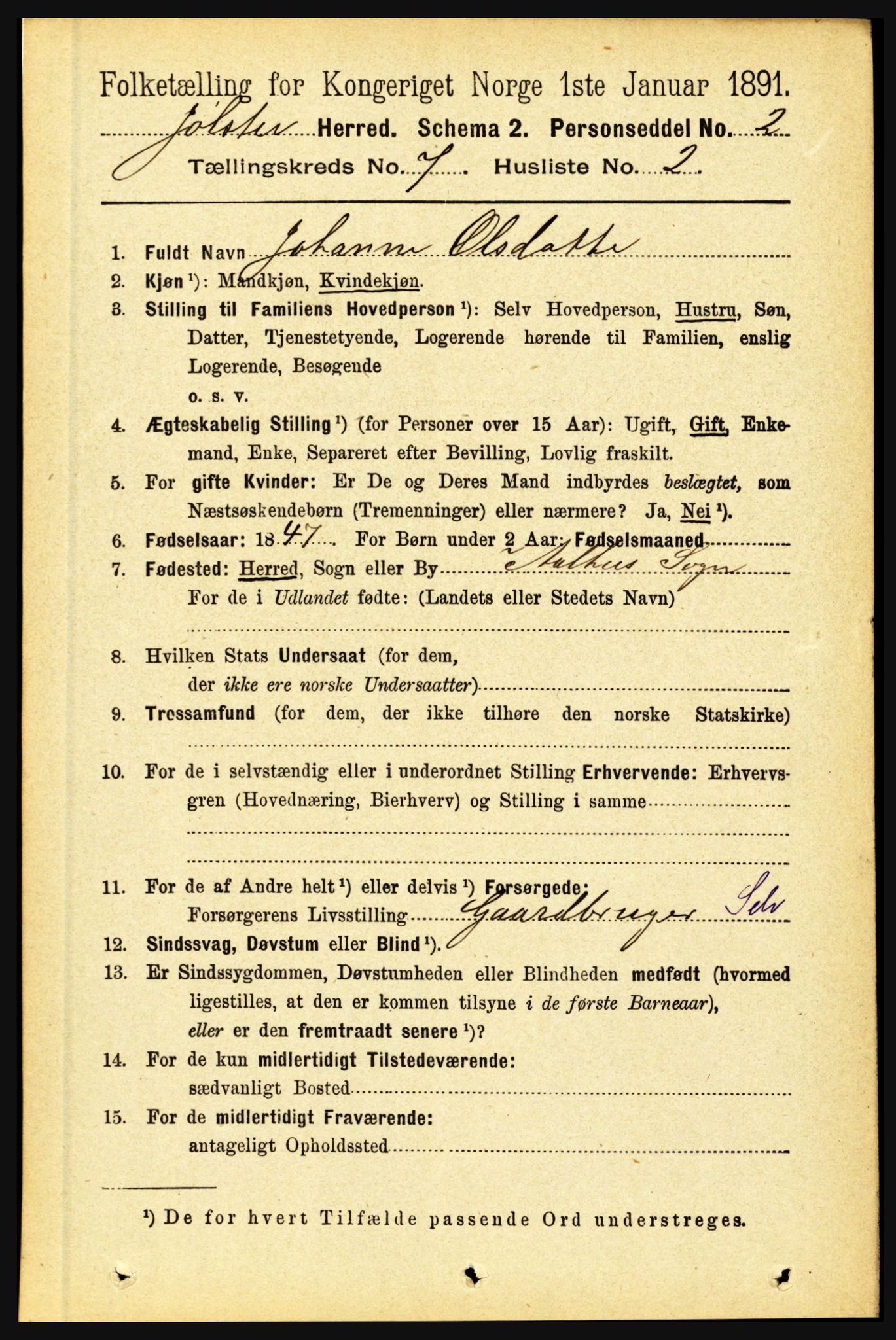 RA, 1891 census for 1431 Jølster, 1891, p. 2465