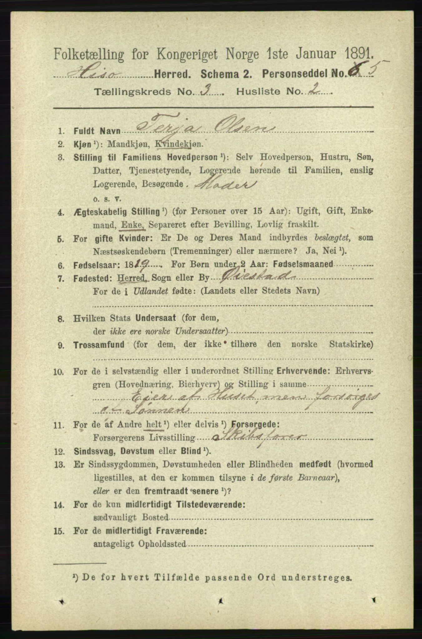 RA, 1891 census for 0922 Hisøy, 1891, p. 2258