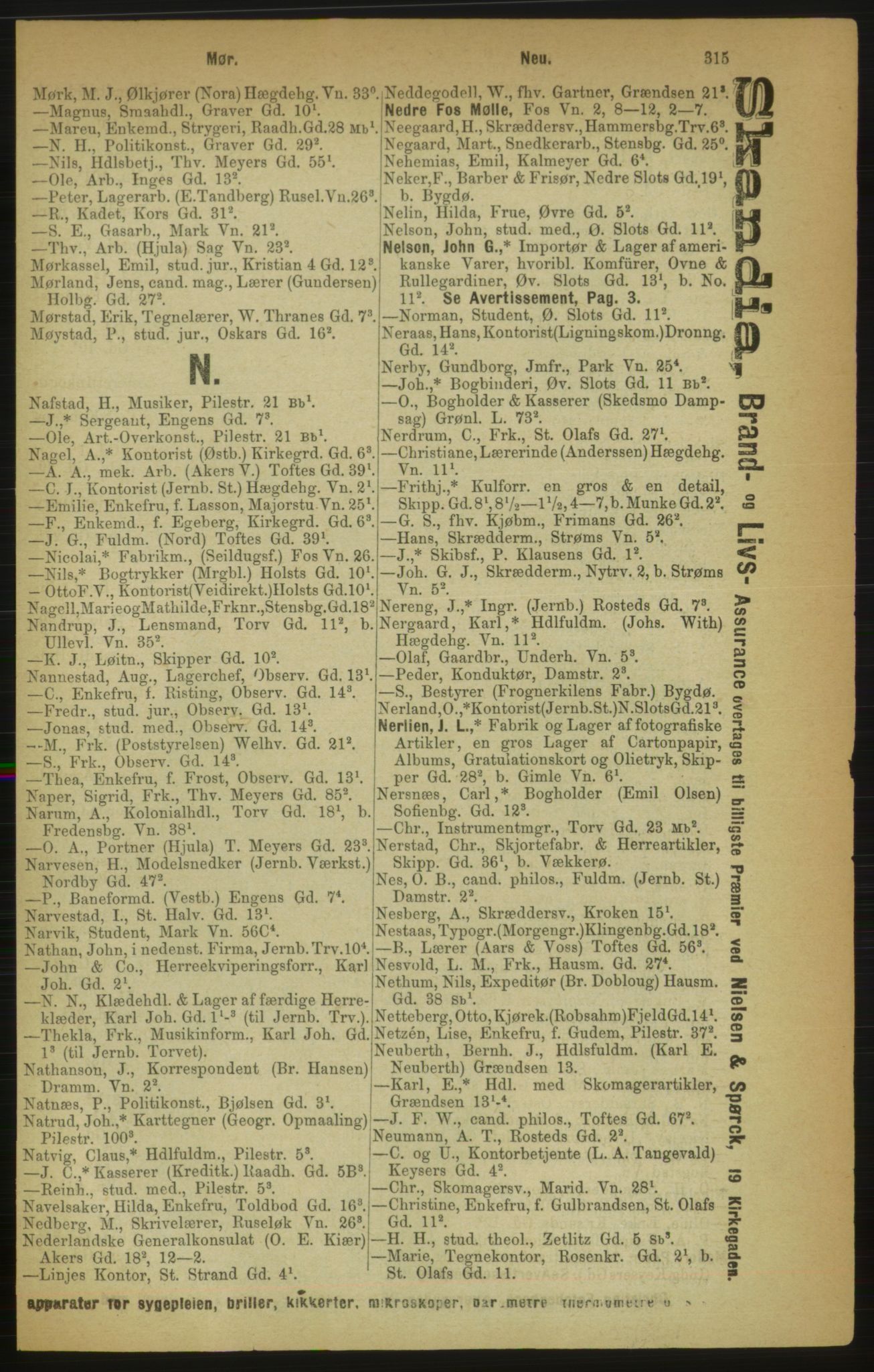 Kristiania/Oslo adressebok, PUBL/-, 1888, p. 315