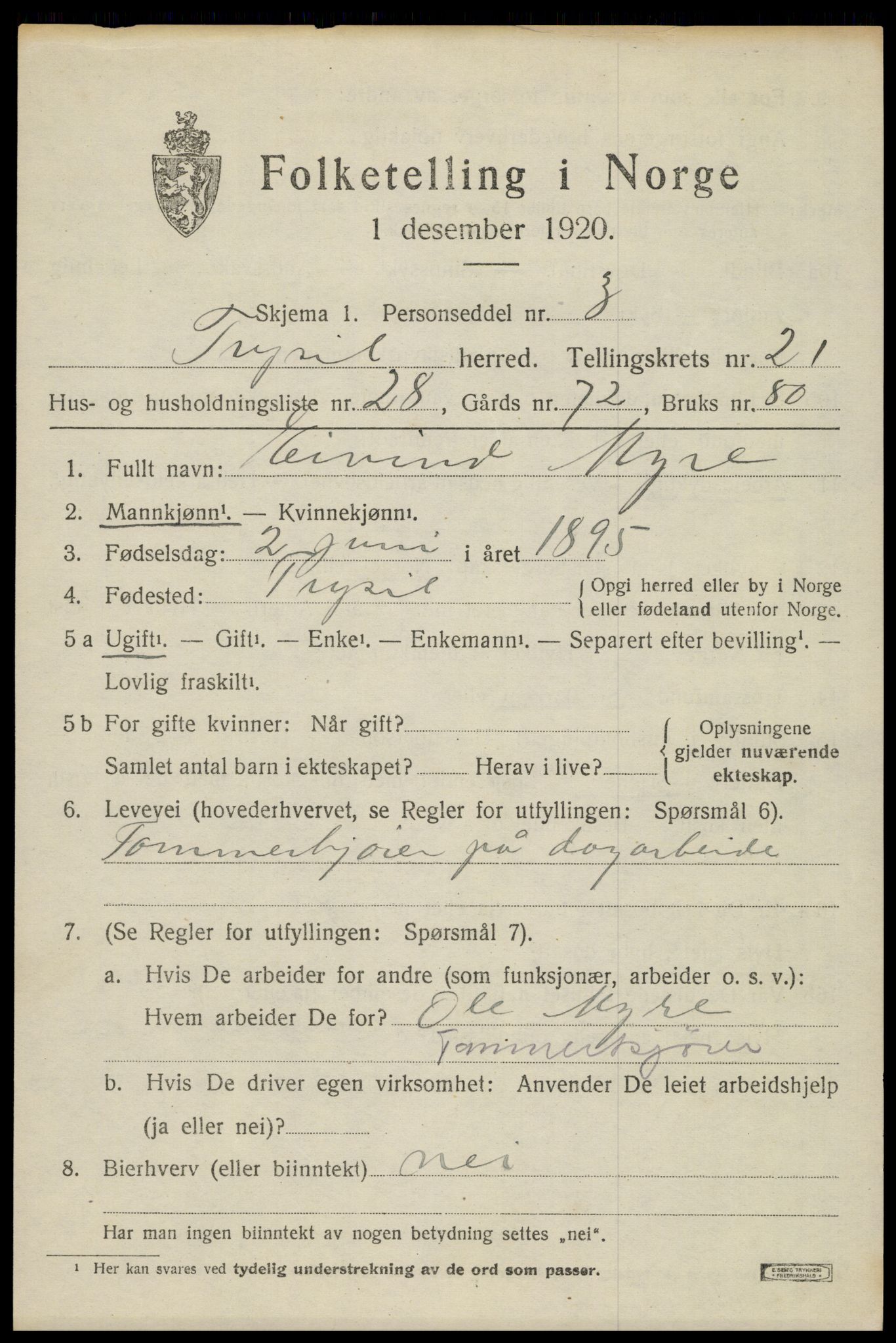 SAH, 1920 census for Trysil, 1920, p. 14109