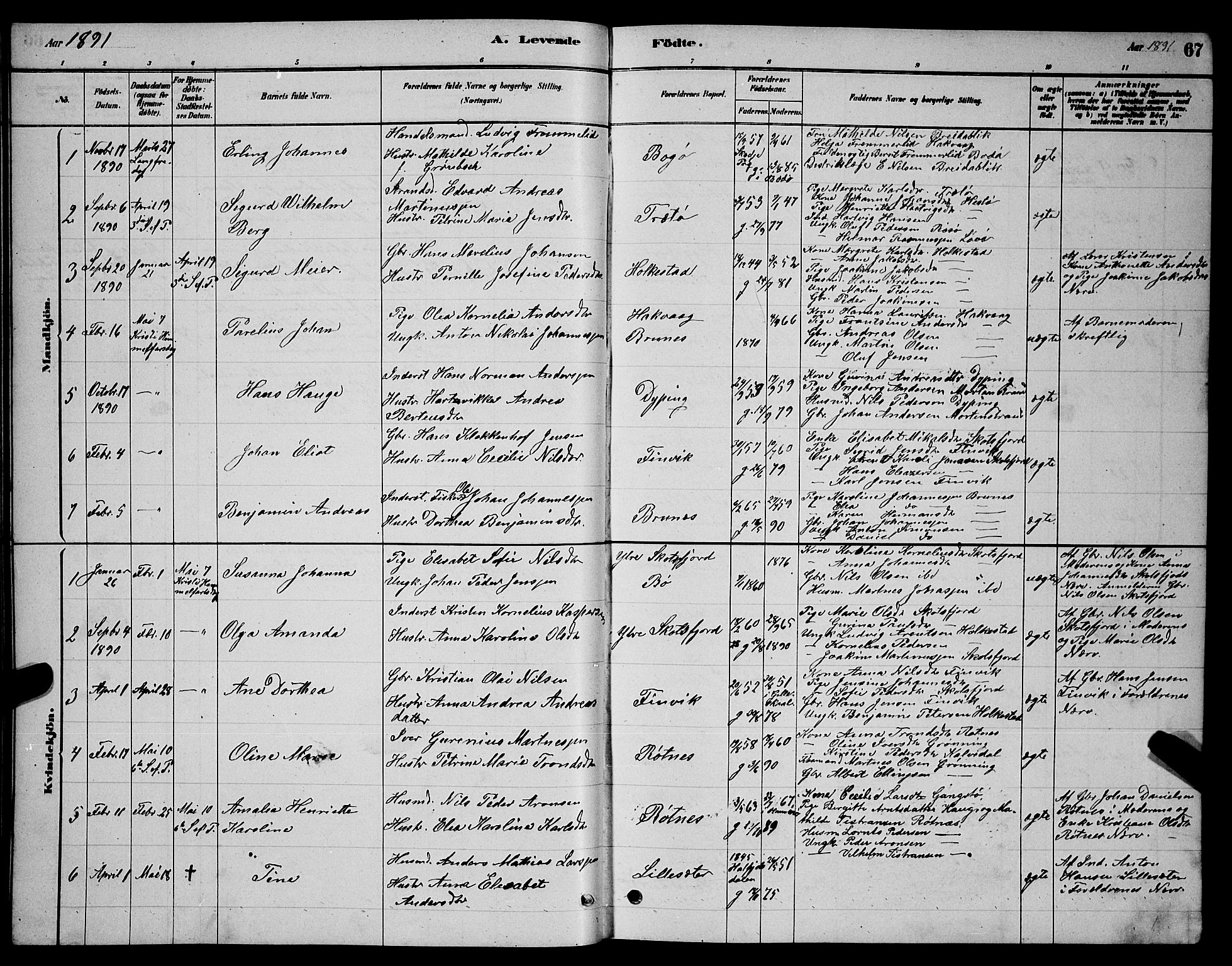 Ministerialprotokoller, klokkerbøker og fødselsregistre - Nordland, AV/SAT-A-1459/855/L0816: Parish register (copy) no. 855C05, 1879-1894, p. 67