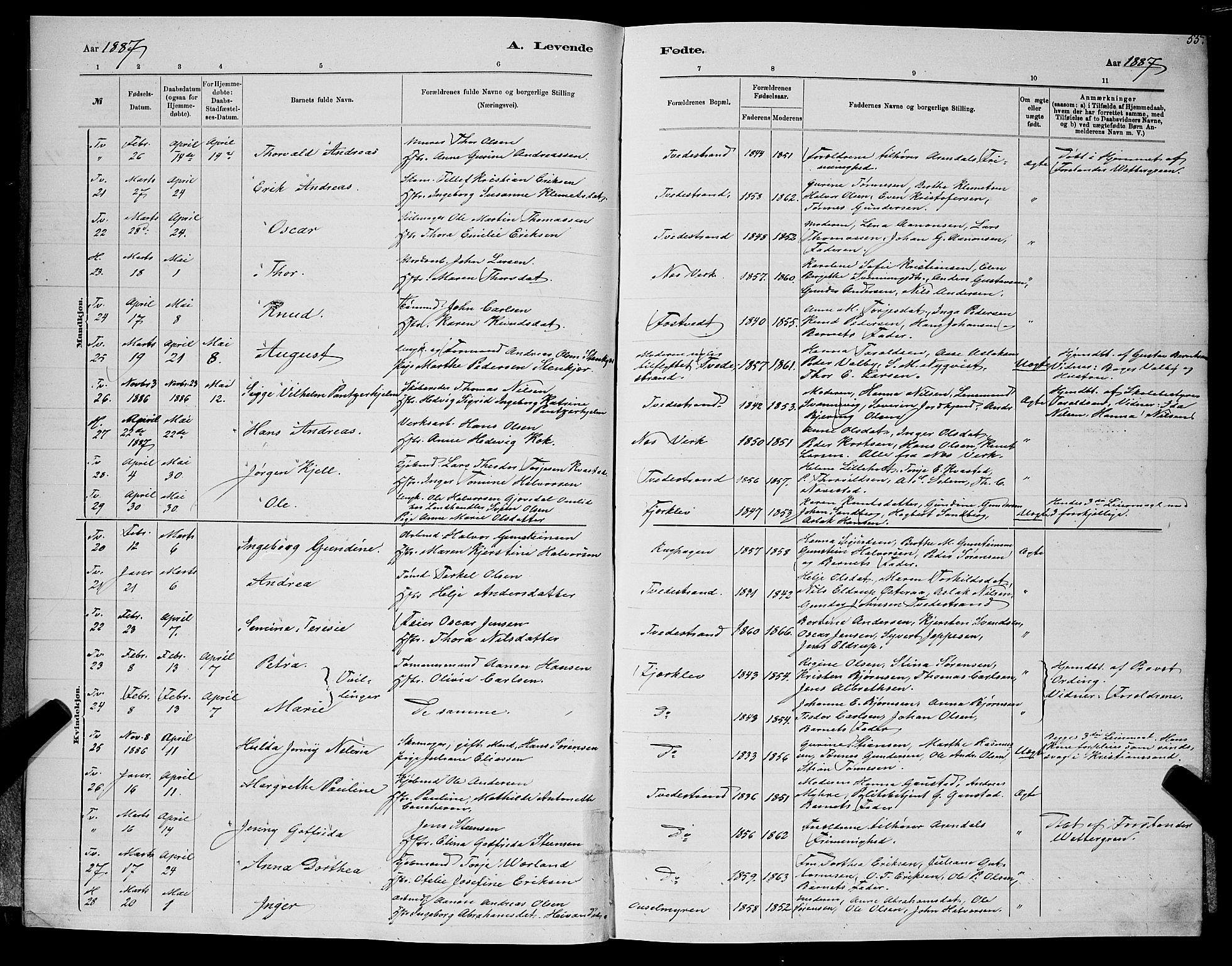 Holt sokneprestkontor, AV/SAK-1111-0021/F/Fb/L0010: Parish register (copy) no. B 10, 1883-1896, p. 55