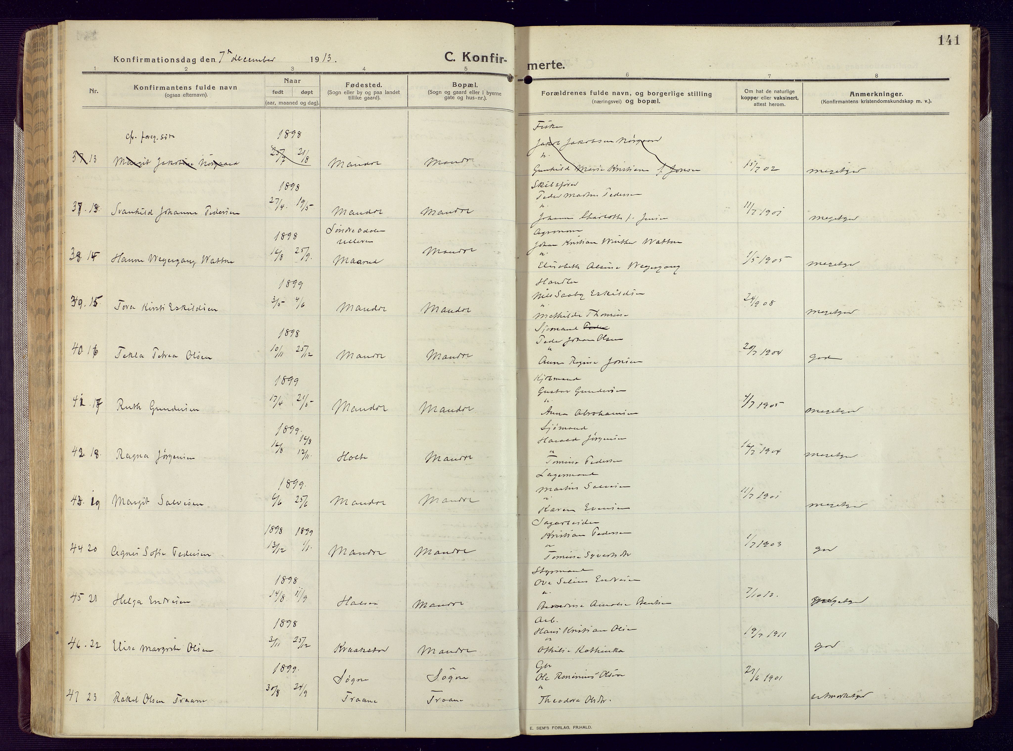 Mandal sokneprestkontor, AV/SAK-1111-0030/F/Fa/Fac/L0001: Parish register (official) no. A 1, 1913-1925, p. 141