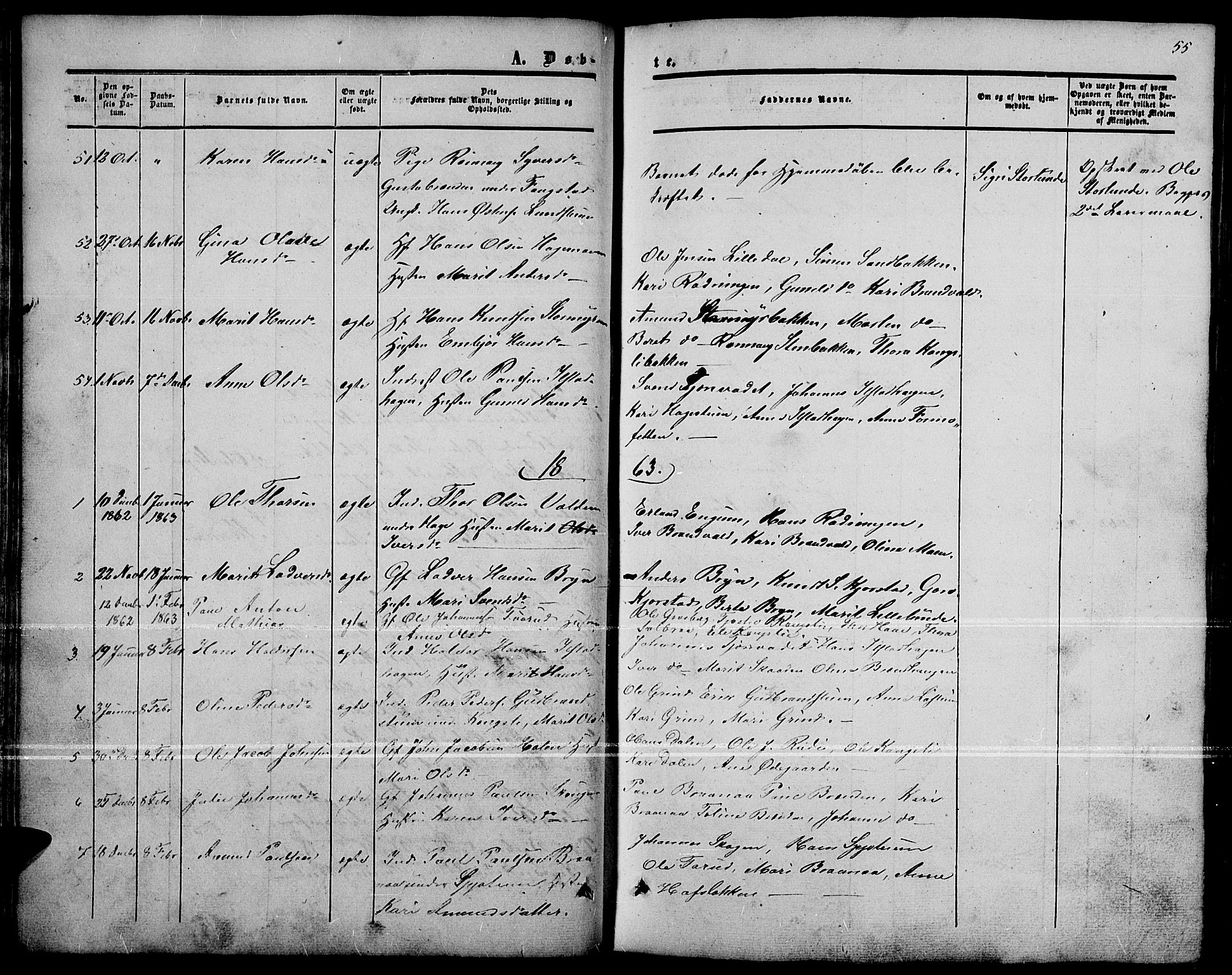 Nord-Fron prestekontor, SAH/PREST-080/H/Ha/Hab/L0001: Parish register (copy) no. 1, 1851-1883, p. 55