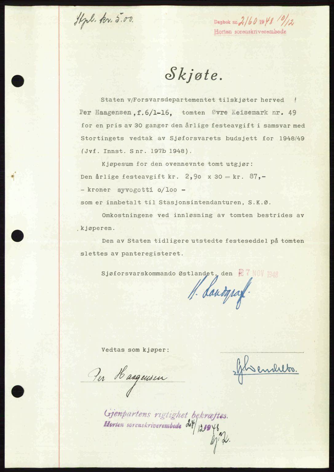 Horten sorenskriveri, AV/SAKO-A-133/G/Ga/Gaa/L0011: Mortgage book no. A-11, 1948-1948, Diary no: : 2160/1948