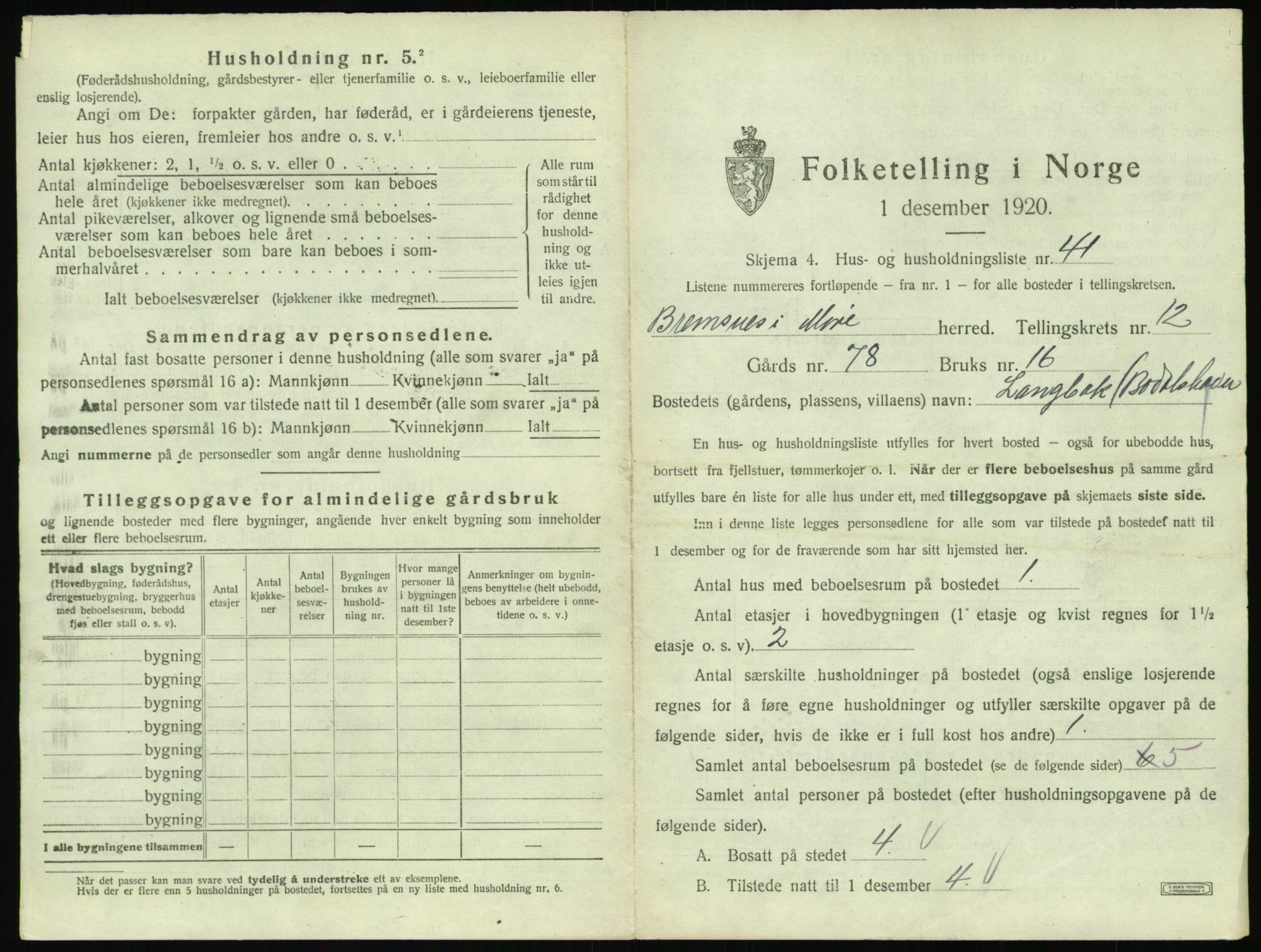 SAT, 1920 census for Bremsnes, 1920, p. 1415