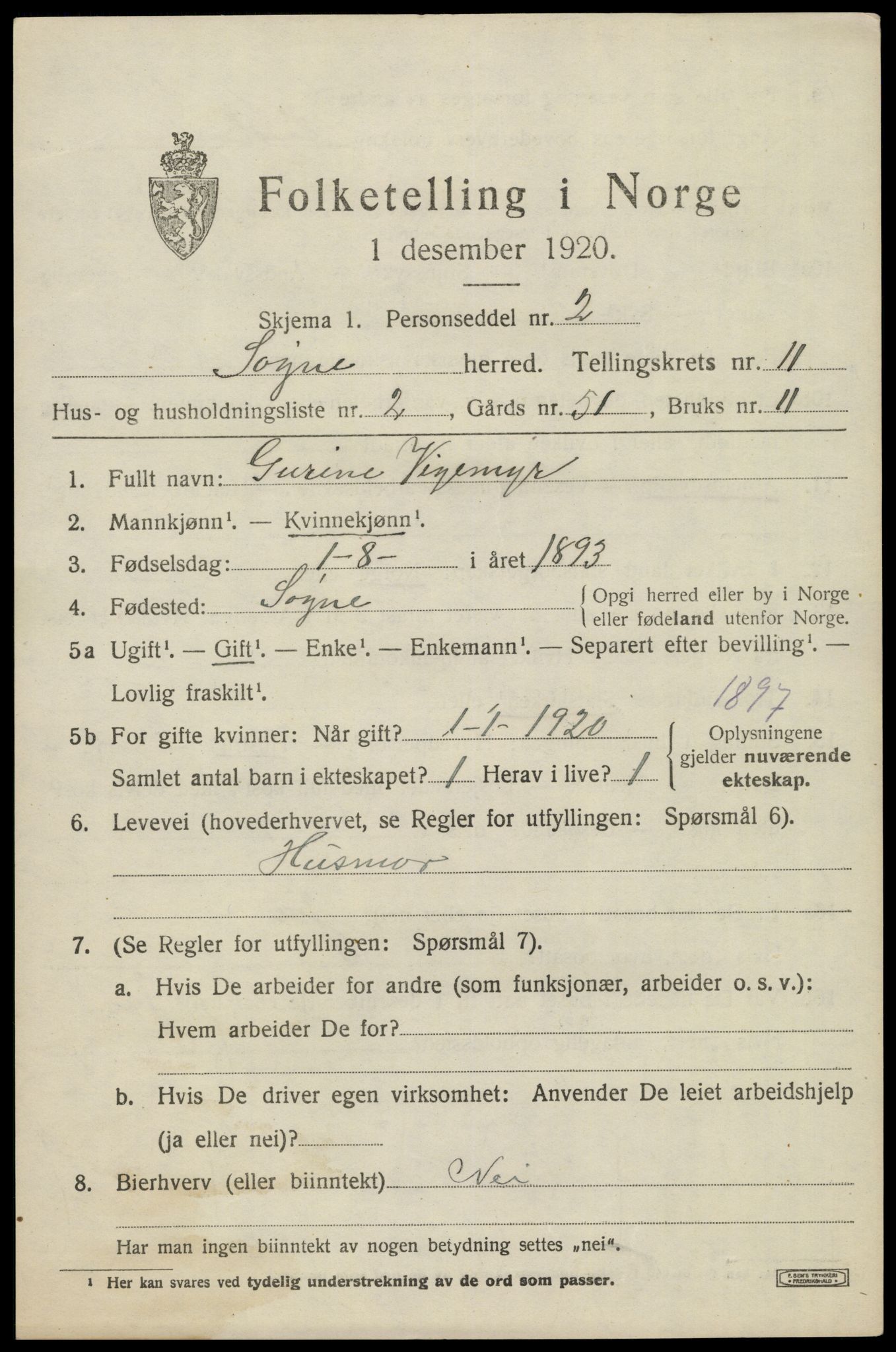 SAK, 1920 census for Søgne, 1920, p. 5635
