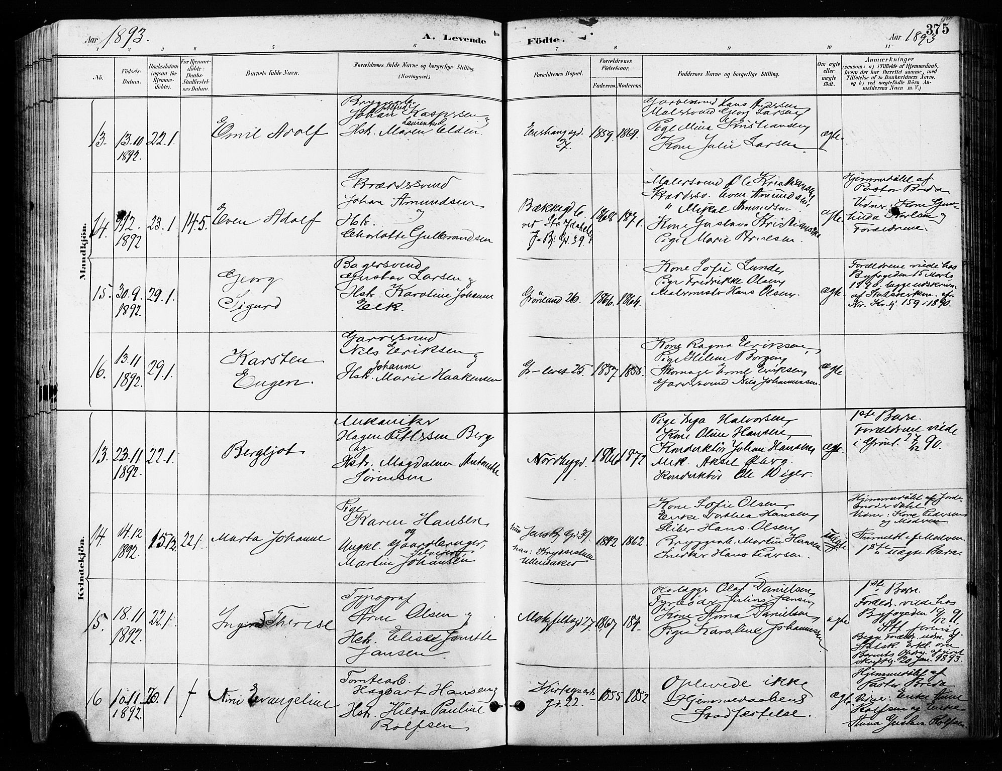 Grønland prestekontor Kirkebøker, AV/SAO-A-10848/F/Fa/L0009: Parish register (official) no. 9, 1888-1893, p. 375