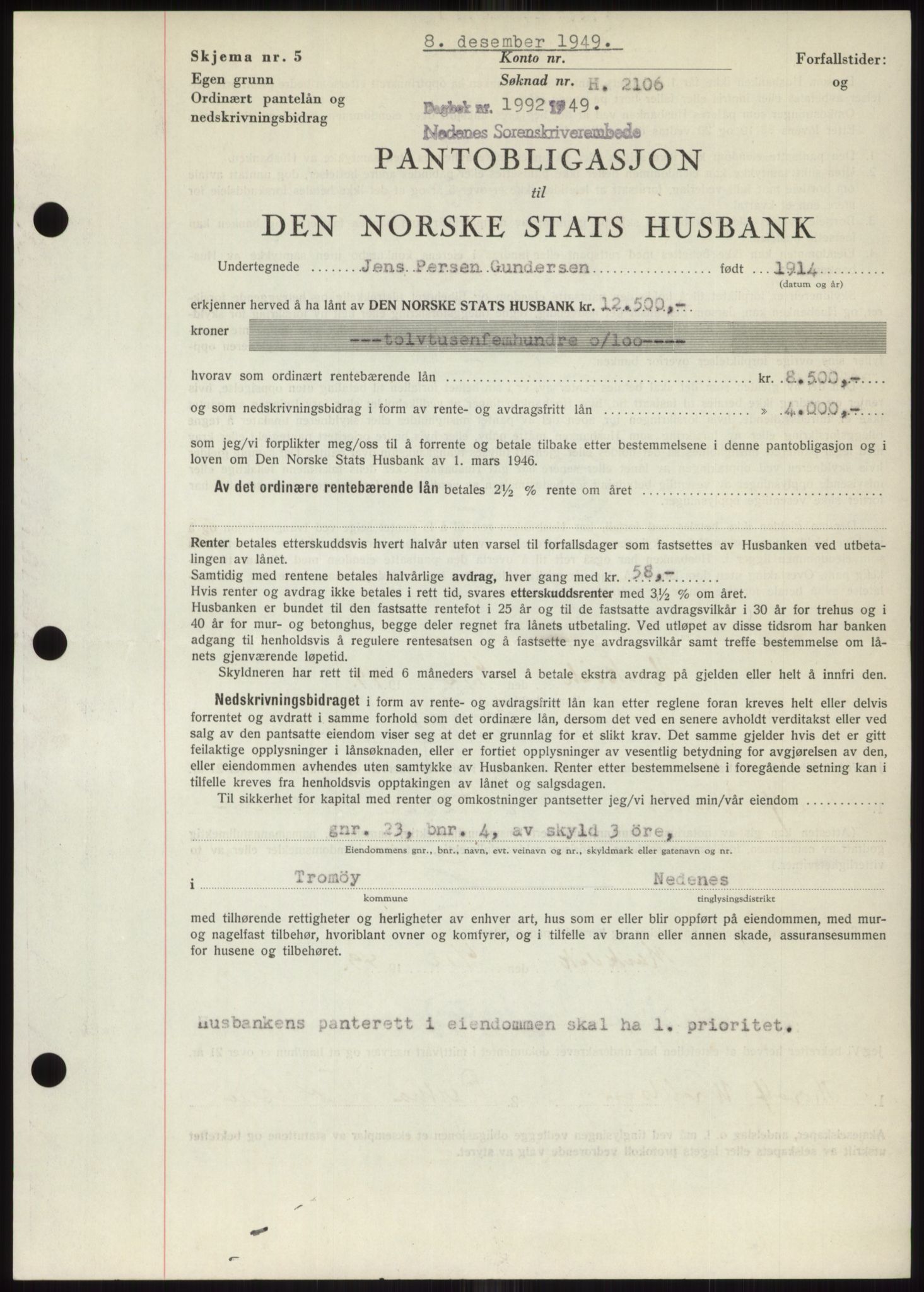 Nedenes sorenskriveri, AV/SAK-1221-0006/G/Gb/Gbb/L0007: Mortgage book no. B7, 1949-1950, Diary no: : 1992/1949