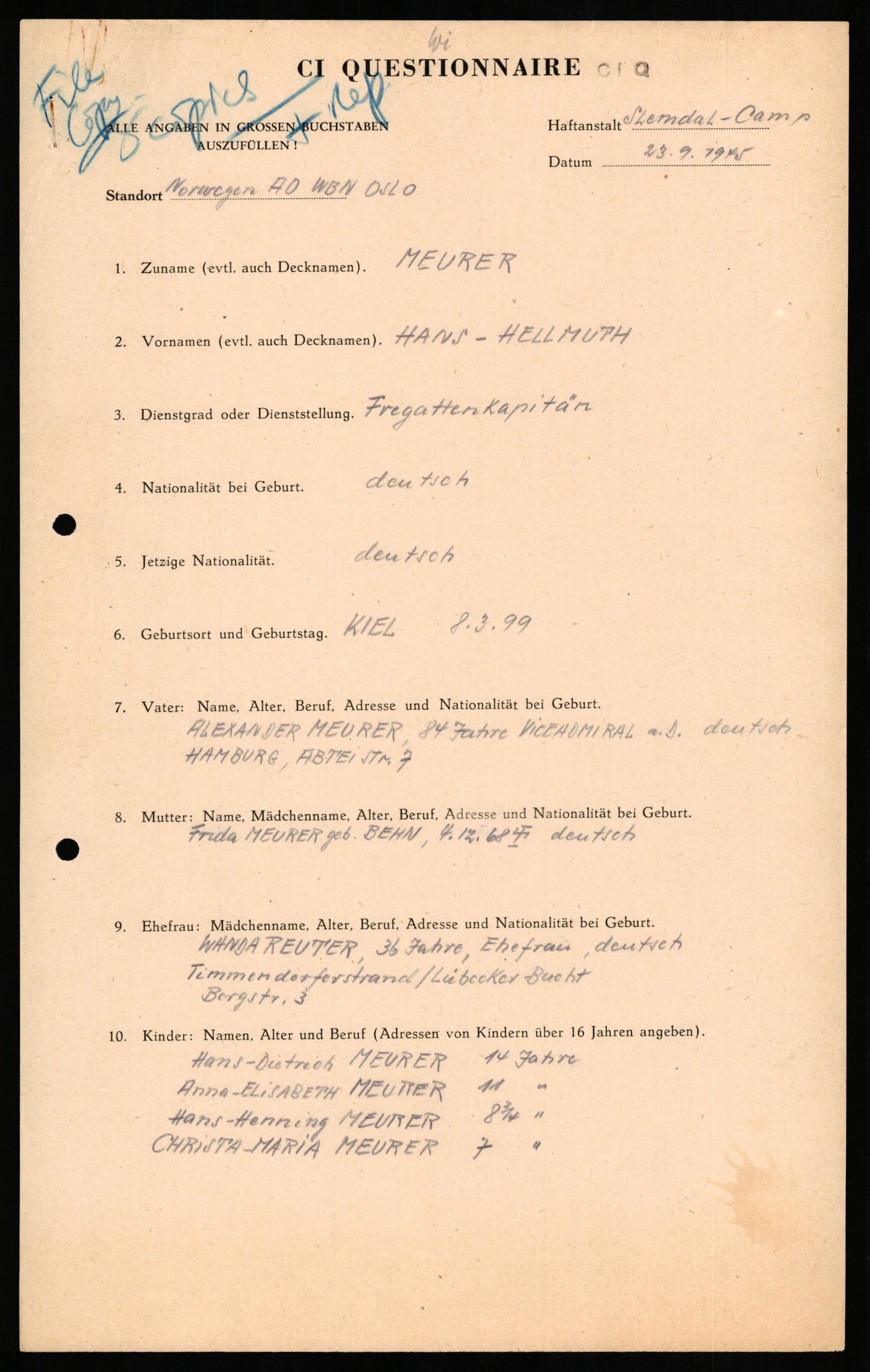 Forsvaret, Forsvarets overkommando II, AV/RA-RAFA-3915/D/Db/L0022: CI Questionaires. Tyske okkupasjonsstyrker i Norge. Tyskere., 1945-1946, p. 2