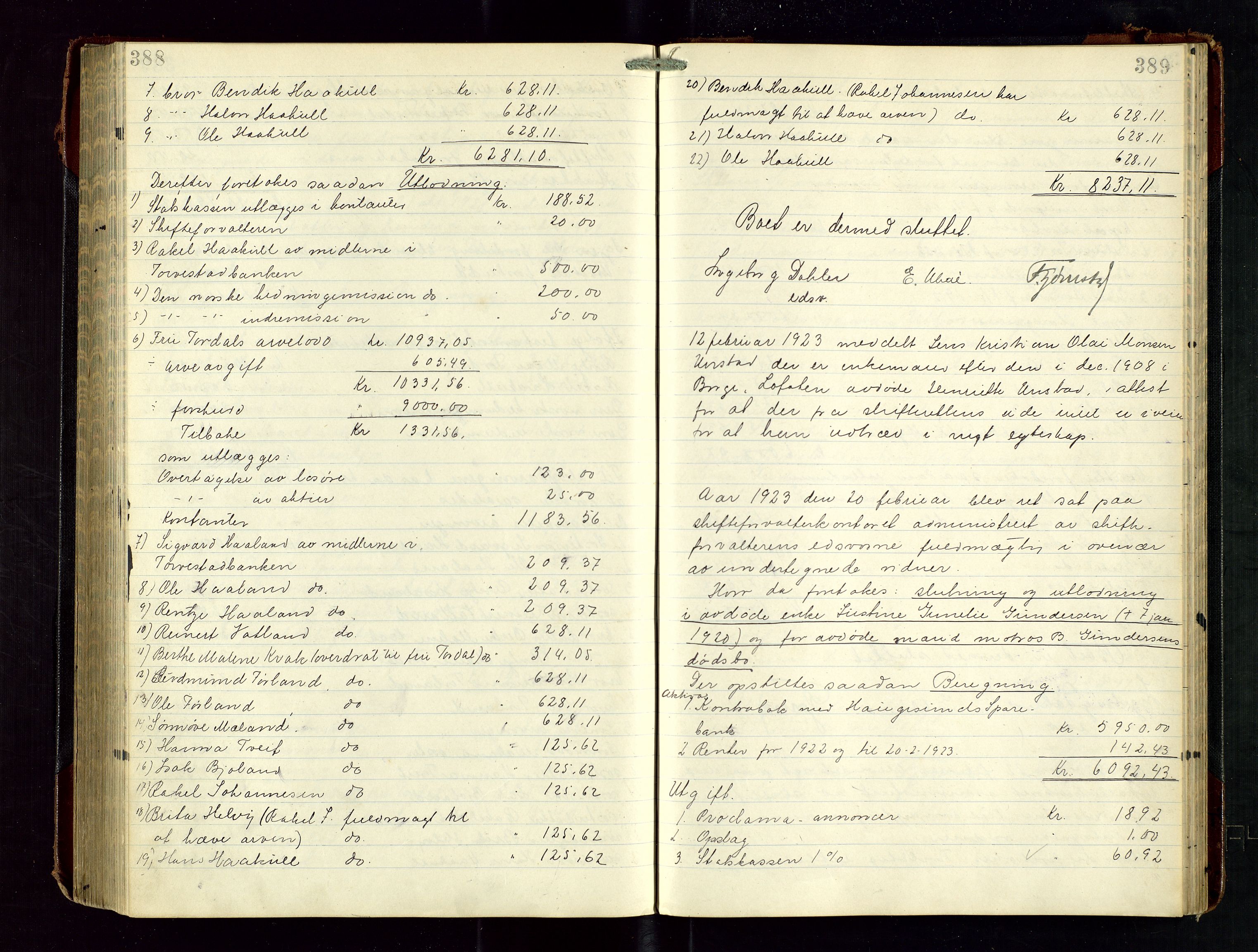 Haugesund tingrett, AV/SAST-A-101415/01/IV/IVD/L0003: Skifteutlodningsprotokoll, med register, 1915-1924, p. 388-389