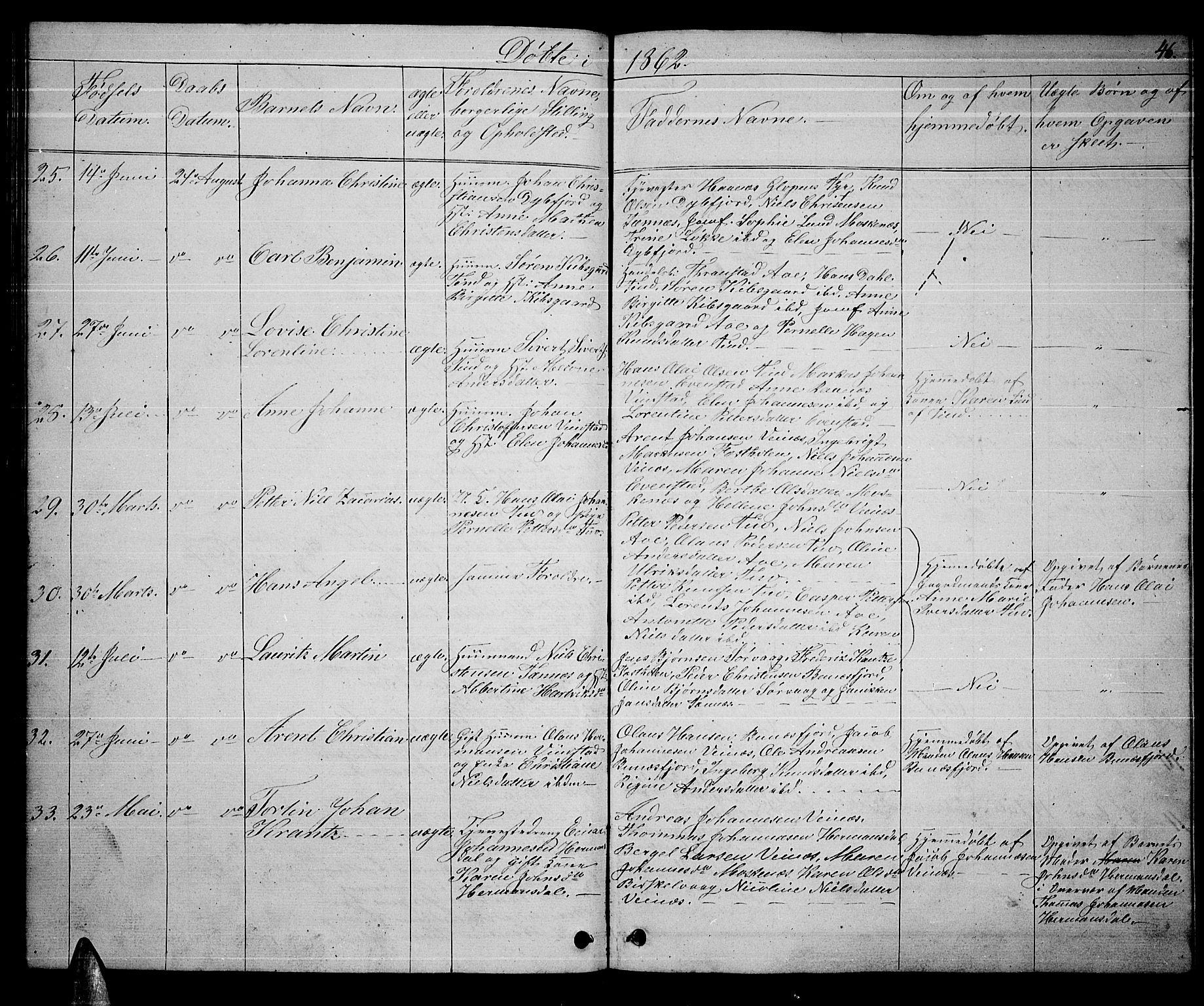 Ministerialprotokoller, klokkerbøker og fødselsregistre - Nordland, AV/SAT-A-1459/886/L1224: Parish register (copy) no. 886C01, 1843-1873, p. 46