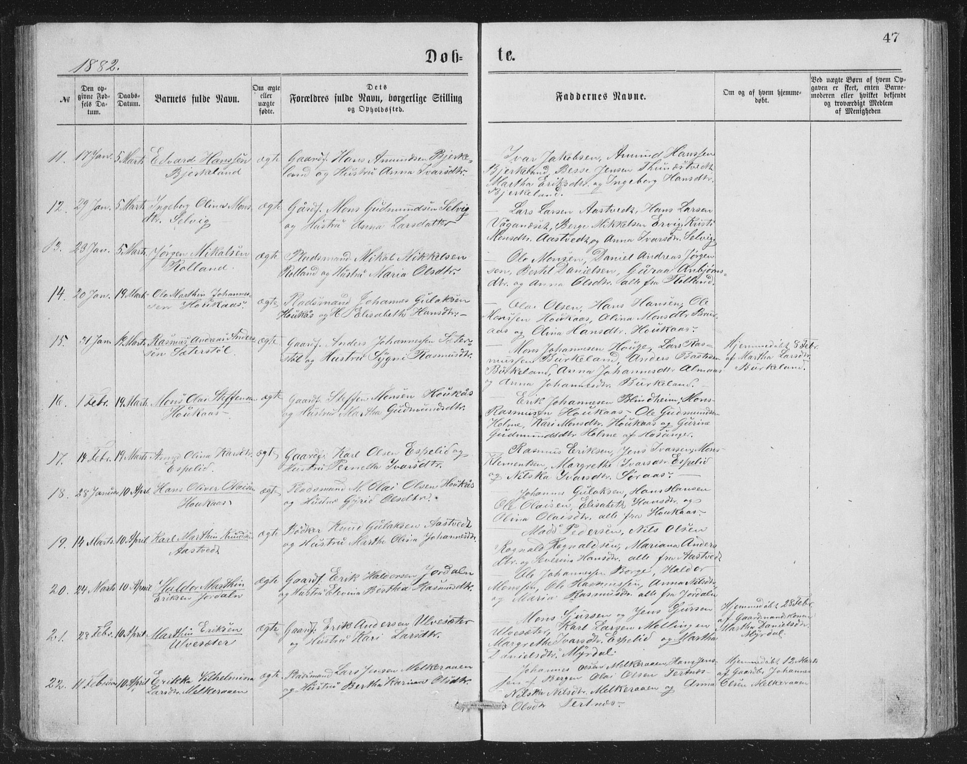 Åsane sokneprestembete, SAB/A-79401/H/Hab: Parish register (copy) no. A 1, 1870-1884, p. 47
