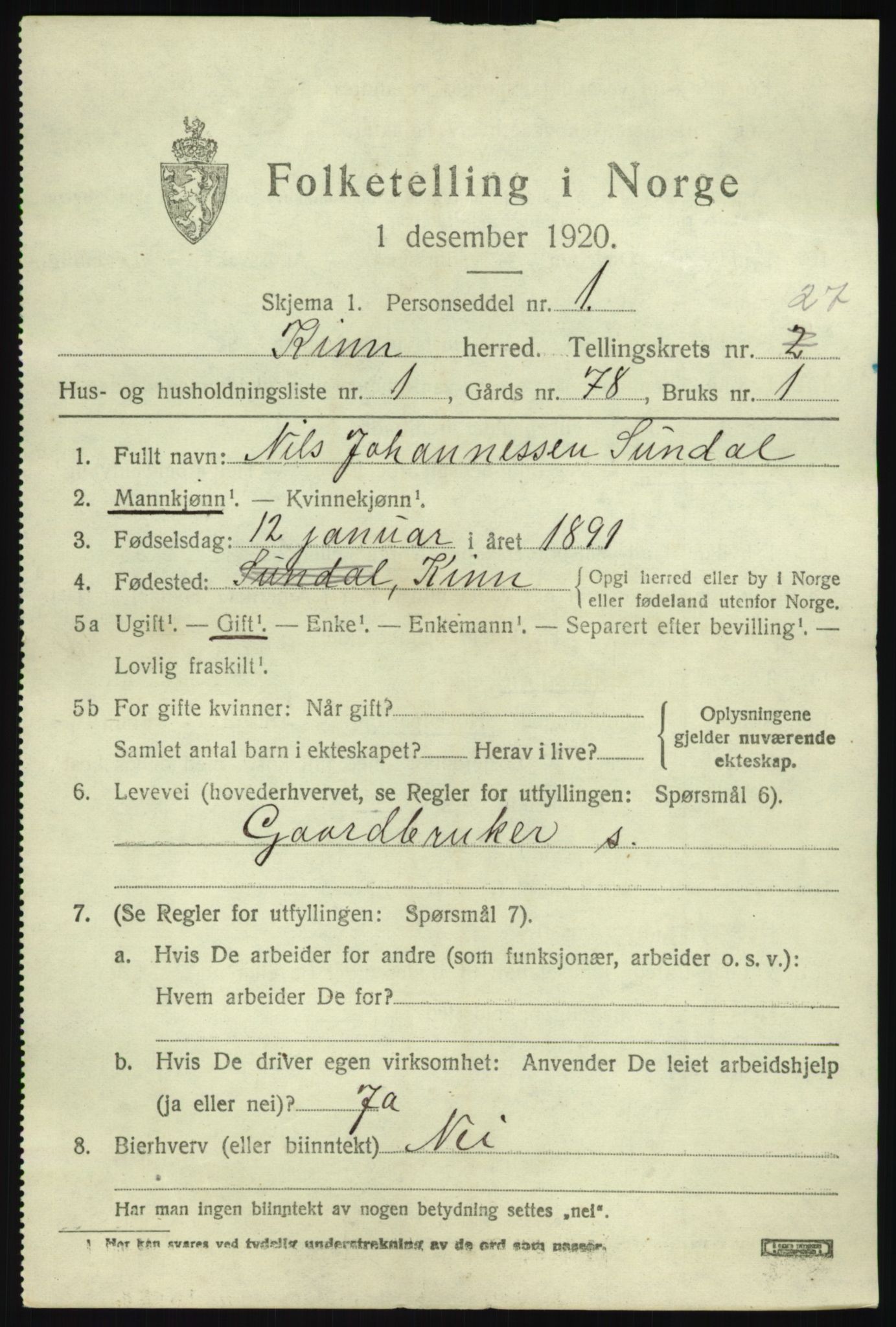 SAB, 1920 census for Kinn, 1920, p. 9145