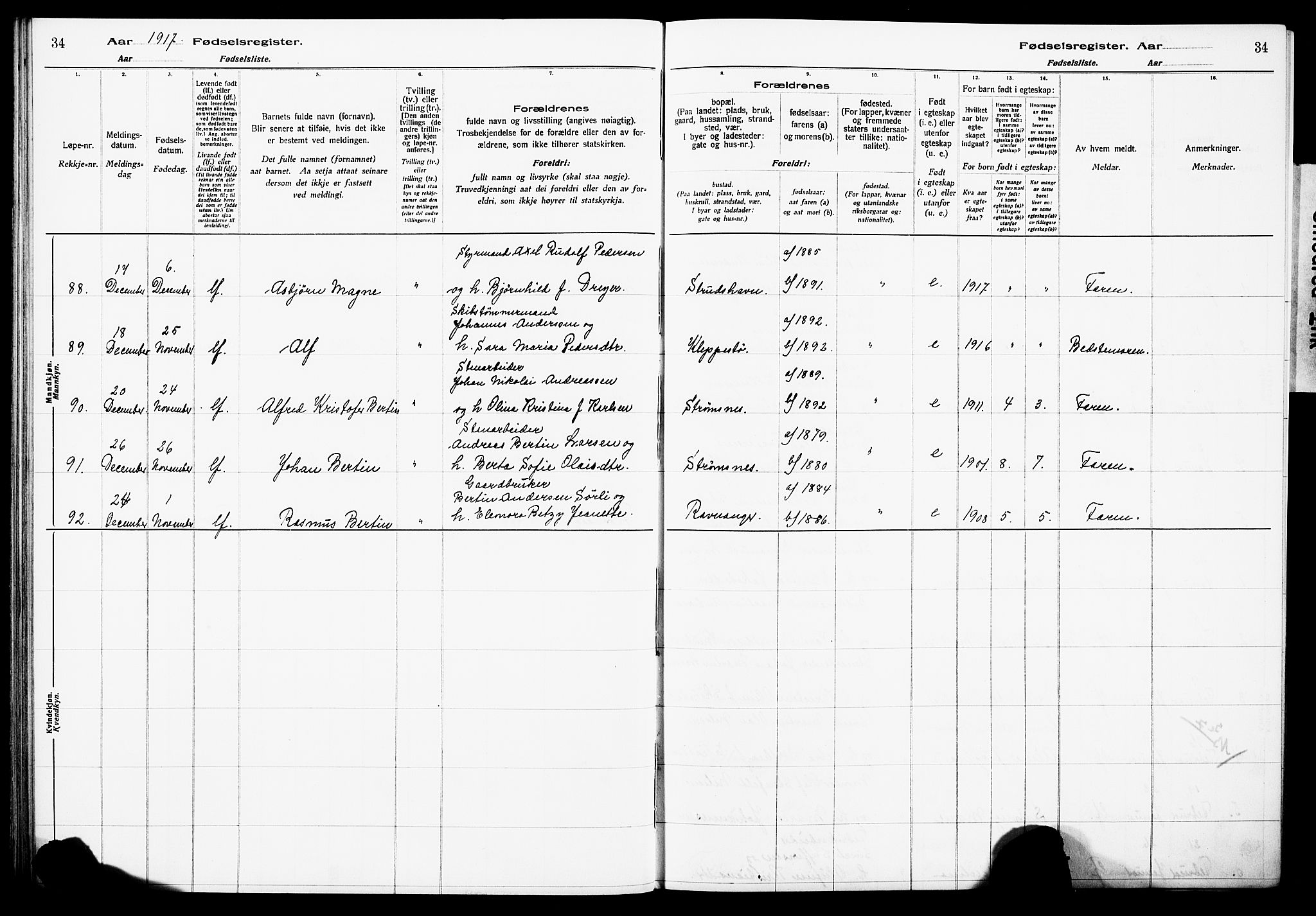 Askøy Sokneprestembete, AV/SAB-A-74101/I/Id/L00A1: Birth register no. A 1, 1916-1928, p. 34