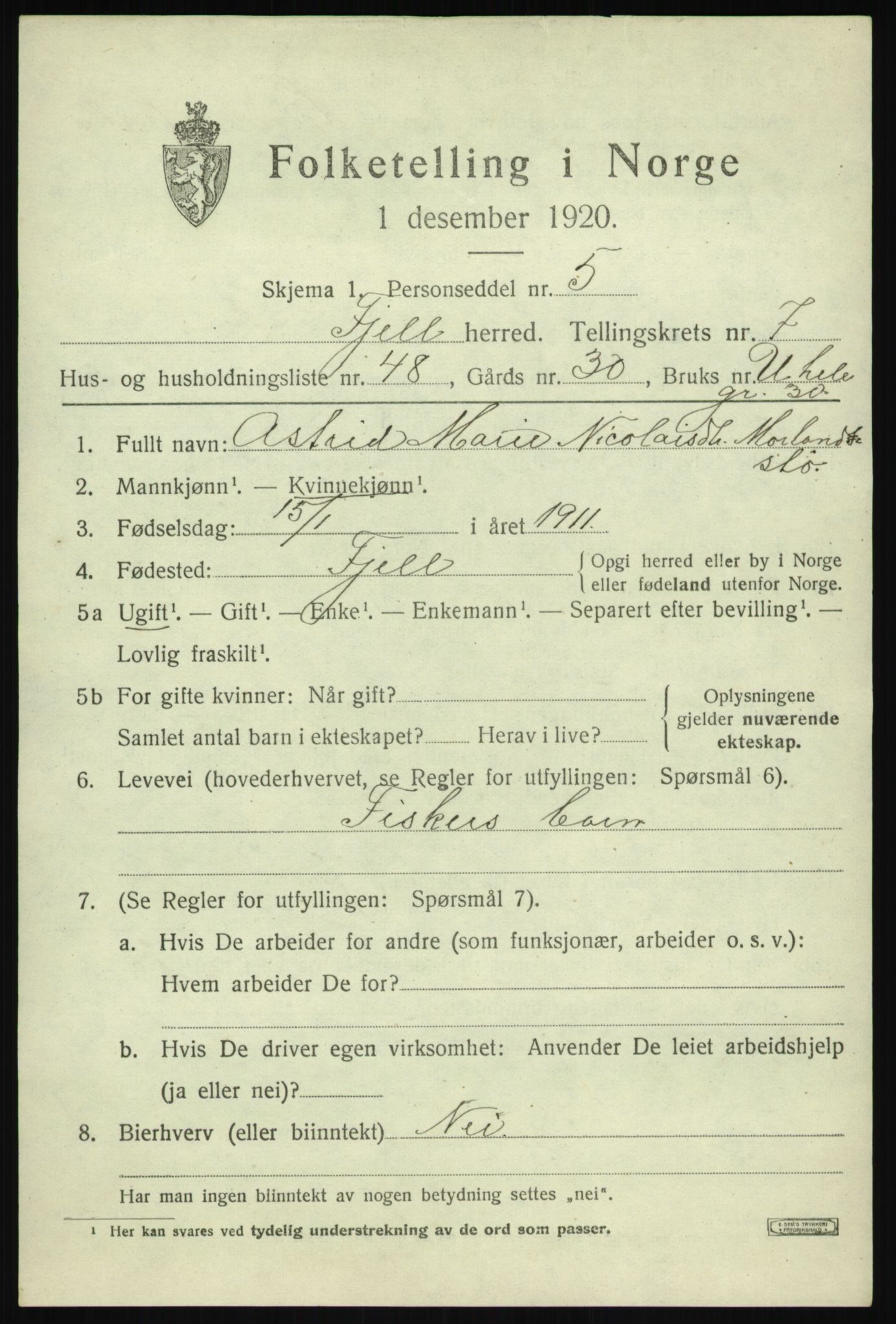 SAB, 1920 census for Fjell, 1920, p. 7116