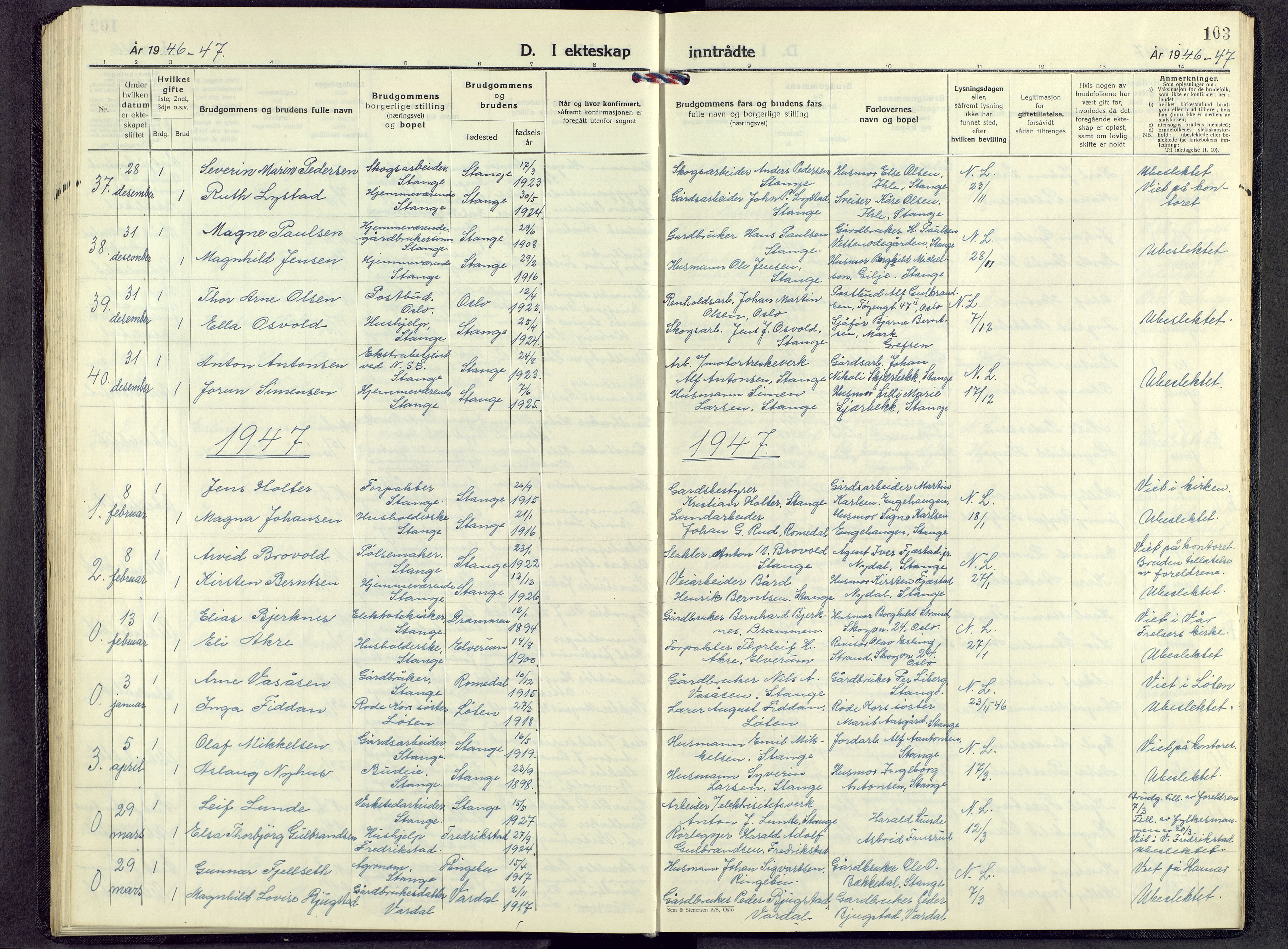 Stange prestekontor, AV/SAH-PREST-002/L/L0022: Parish register (copy) no. 22, 1948-1954, p. 103