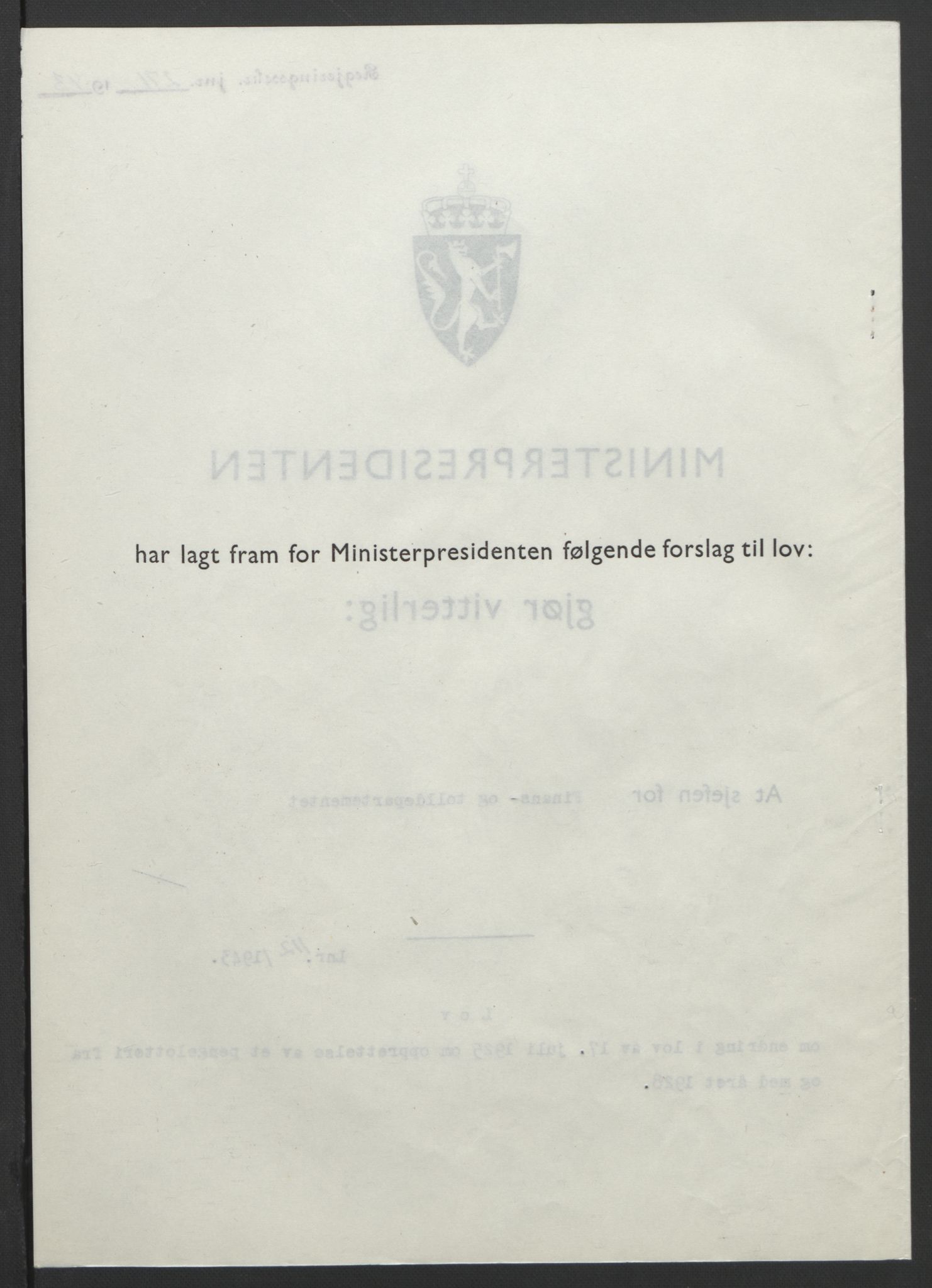NS-administrasjonen 1940-1945 (Statsrådsekretariatet, de kommisariske statsråder mm), RA/S-4279/D/Db/L0099: Lover, 1943, p. 524