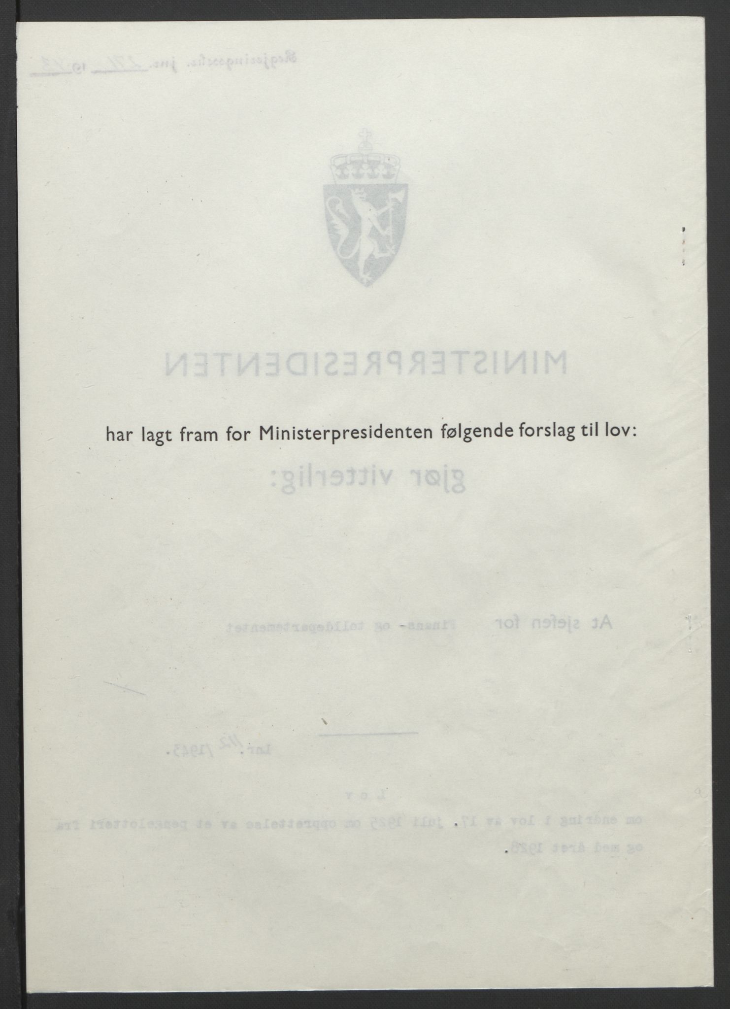 NS-administrasjonen 1940-1945 (Statsrådsekretariatet, de kommisariske statsråder mm), AV/RA-S-4279/D/Db/L0099: Lover, 1943, p. 524