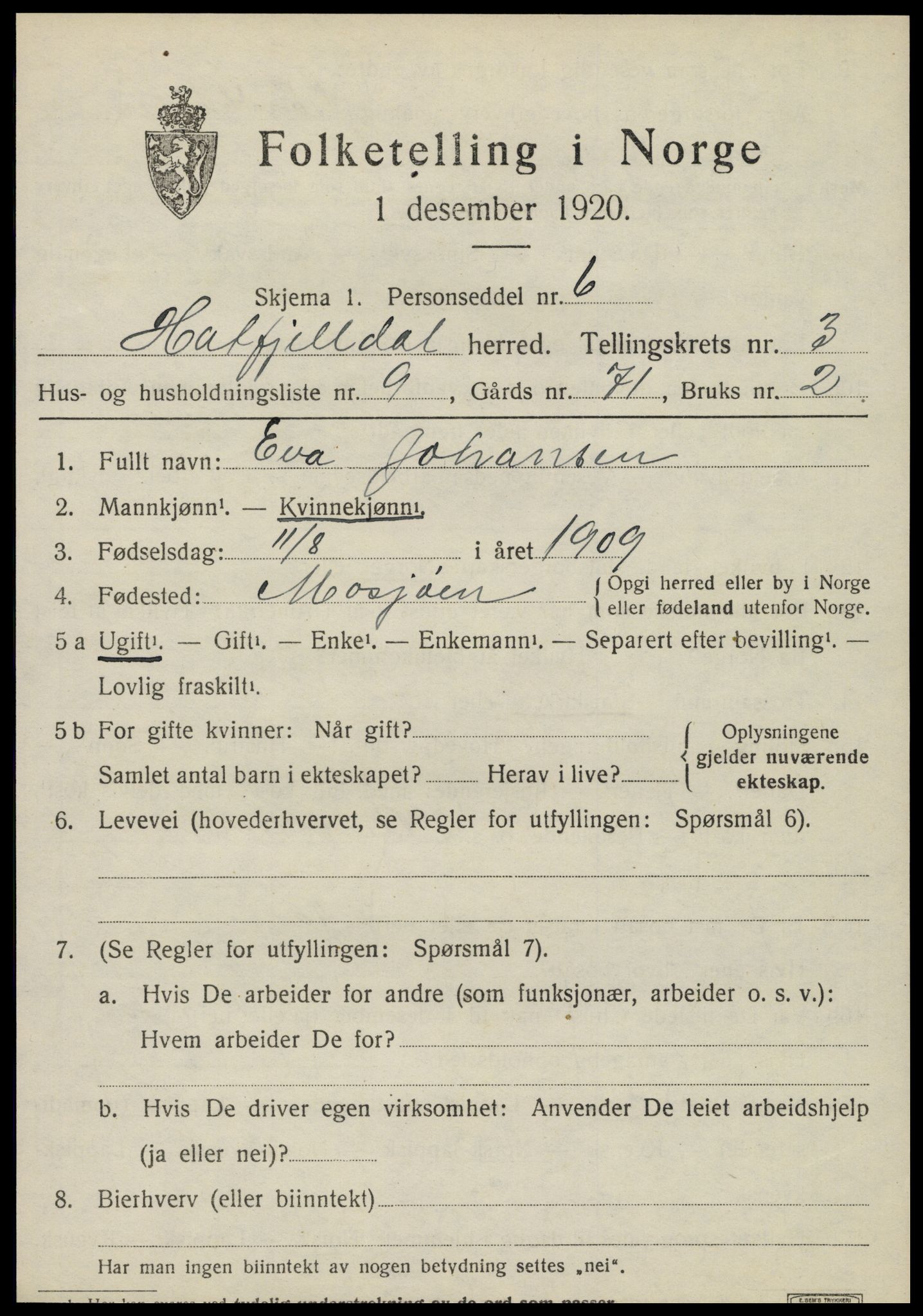 SAT, 1920 census for Hattfjelldal, 1920, p. 934