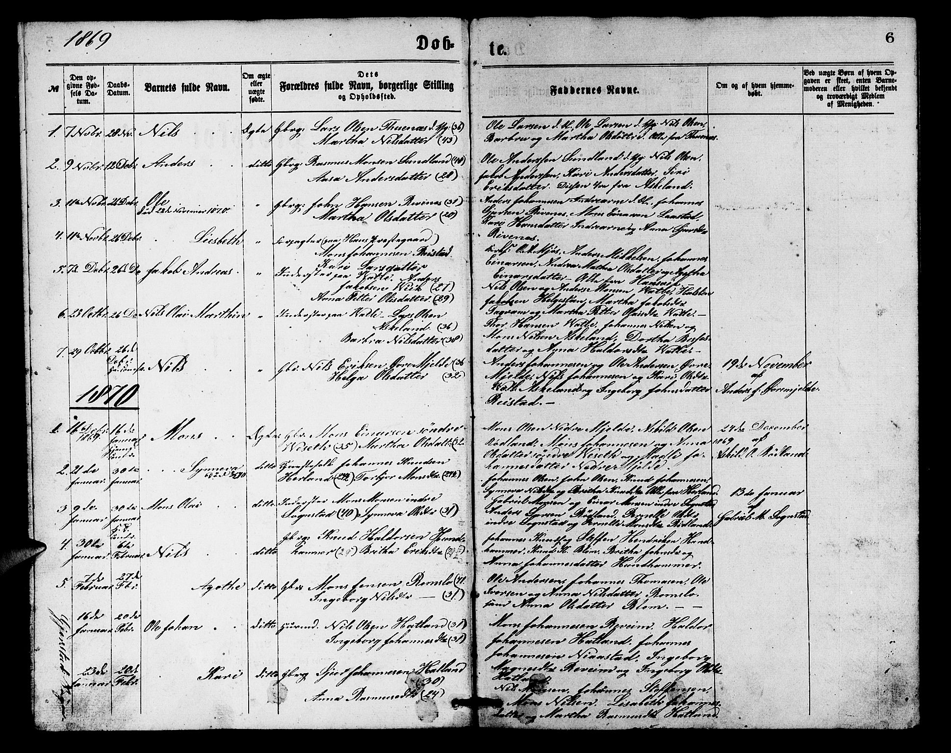 Haus sokneprestembete, SAB/A-75601/H/Hab: Parish register (copy) no. B 1, 1869-1878, p. 6
